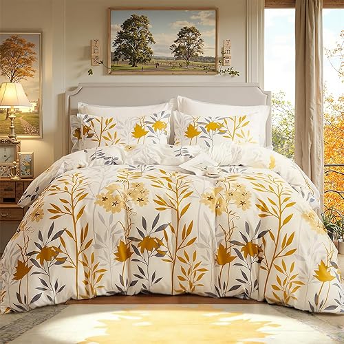 Miniatura 16 de Juego de edredón verde tamaño queen, 100% algodón reversible con patrón floral, juego de edredón de 3 piezas, edredón suave y ligero de algodón,