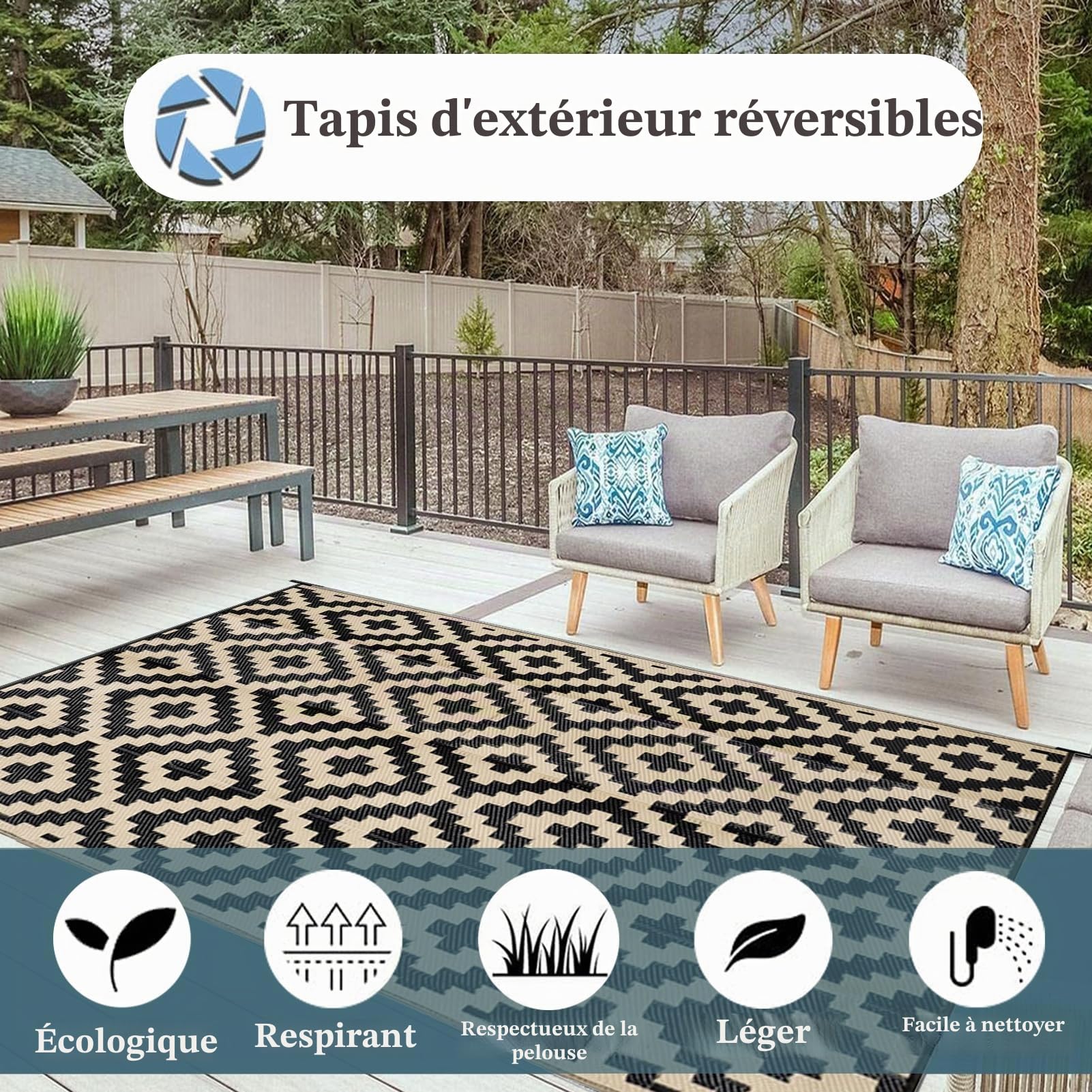 Tapis D'extérieur en Plastique Recyclé Tapis De Pique-Nique Imperméable 120X180cm Tapis Polypropylene Exterieur Portable pour Balcon, Terrasse, Jardin, Plage, Pique-Nique,Noir+Beige