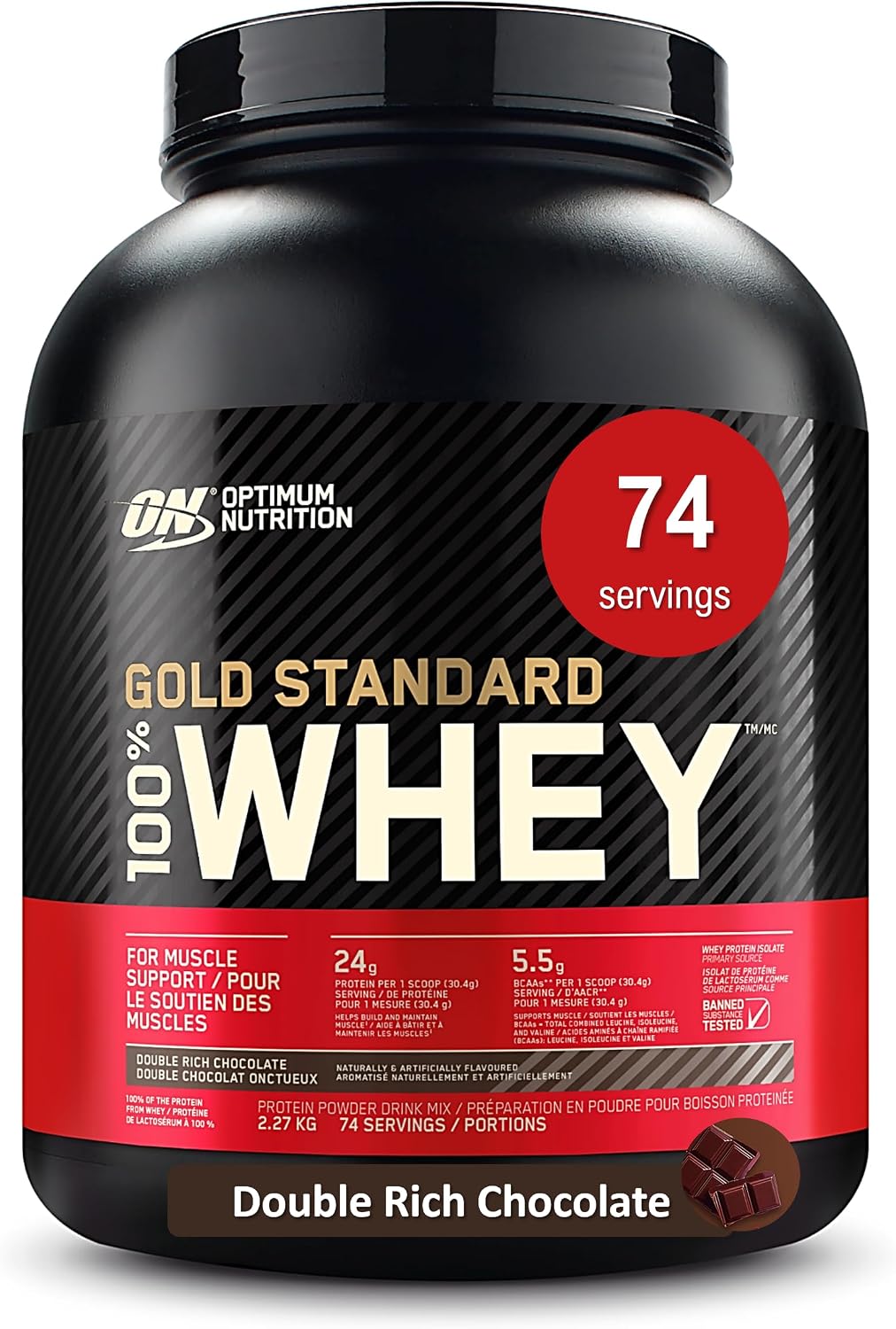 Optimum Nutrition Gold Standard 100% Whey Protein Powder, 2.270g - Double Rich Chocolate - 74 servings (packaging may vary)