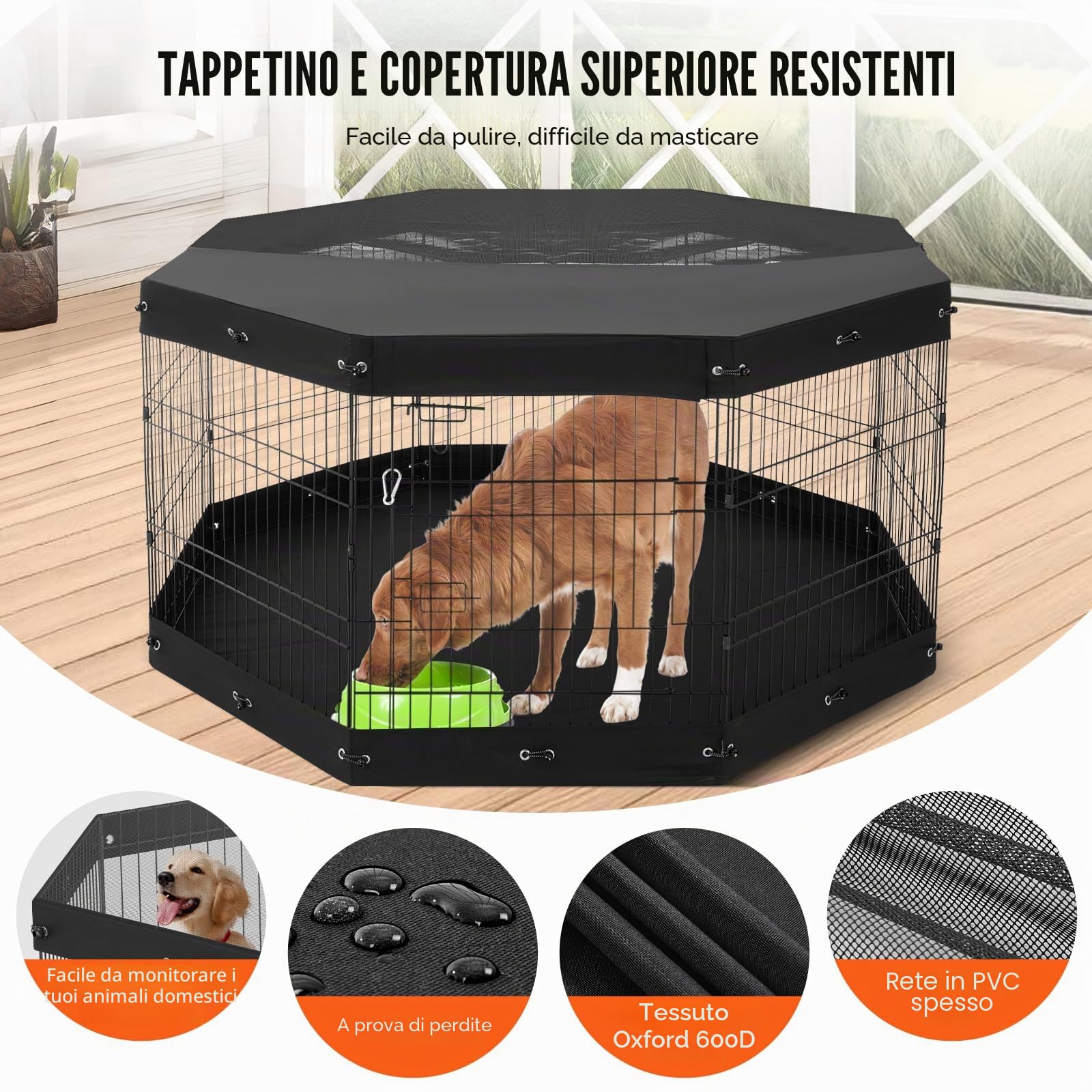 VEVOR Recinto per Cani, Confezione 8 Pannelli 760 mm x 610 mm Box per Cani Pieghevole in Metallo, Recinto per Cani per Interni Esterni con Porta, Imbottitura Fondo, Copertura Superiore, per Cani Gatti