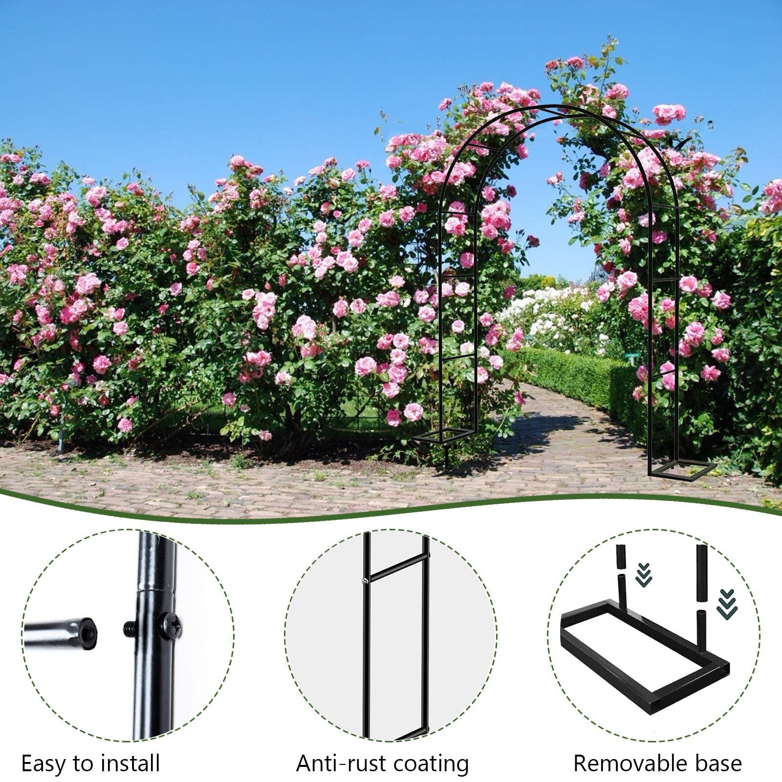 Łuk ogrodowy, krata, metalowa pergola do roślin pnących, dekoracja ślubna, łatwy montaż, czarna, 1,4 x 2,3 m, idealna do przestrzeni na zewnątrz i na imprezy