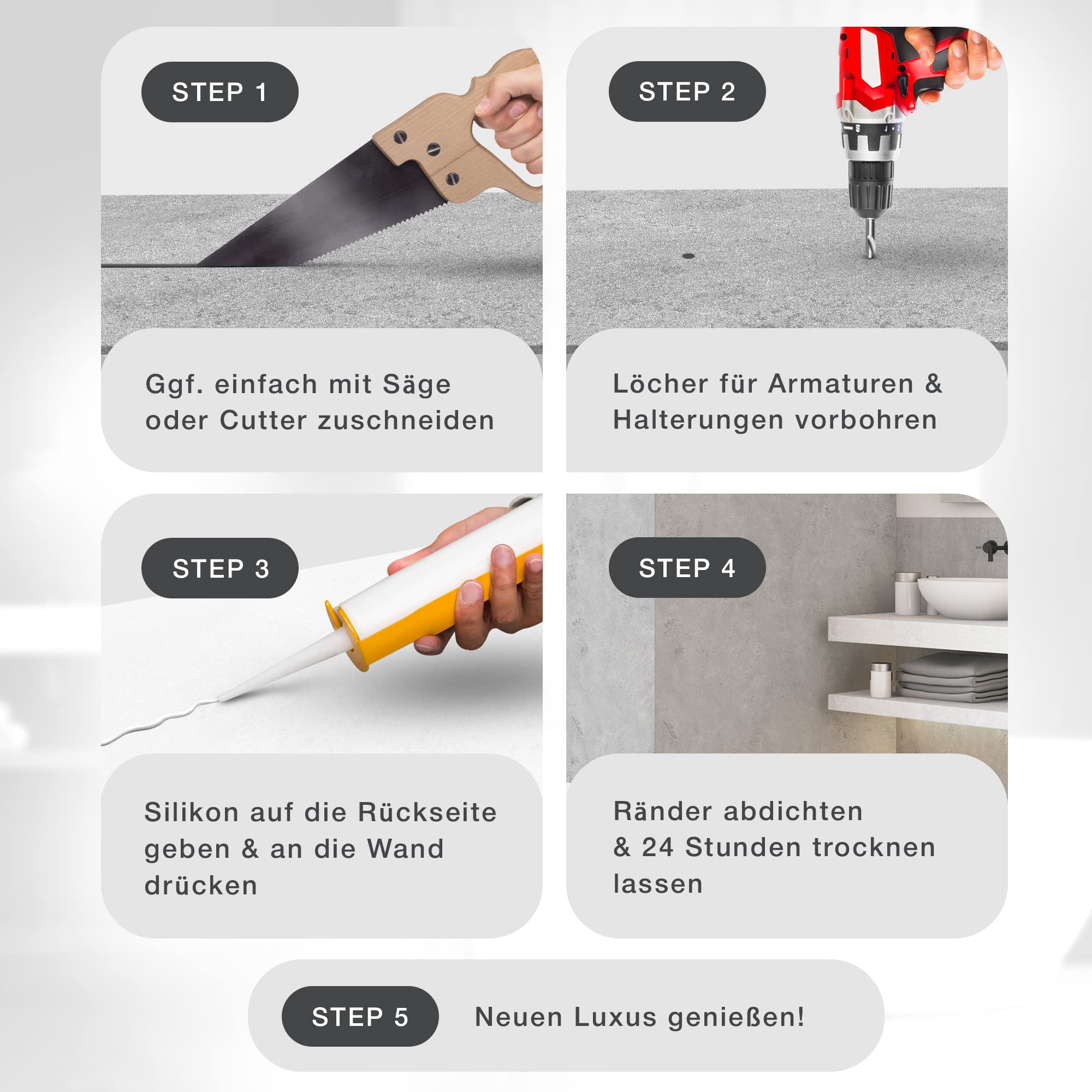 WALLando Premium Duschrückwand 250 x 100 cm – Einfach zu montierende Wandverkleidung für Dusche & Bad – Hochwertige PVC-Duschwand in Steinoptik, seidenmatt – Beton Grau