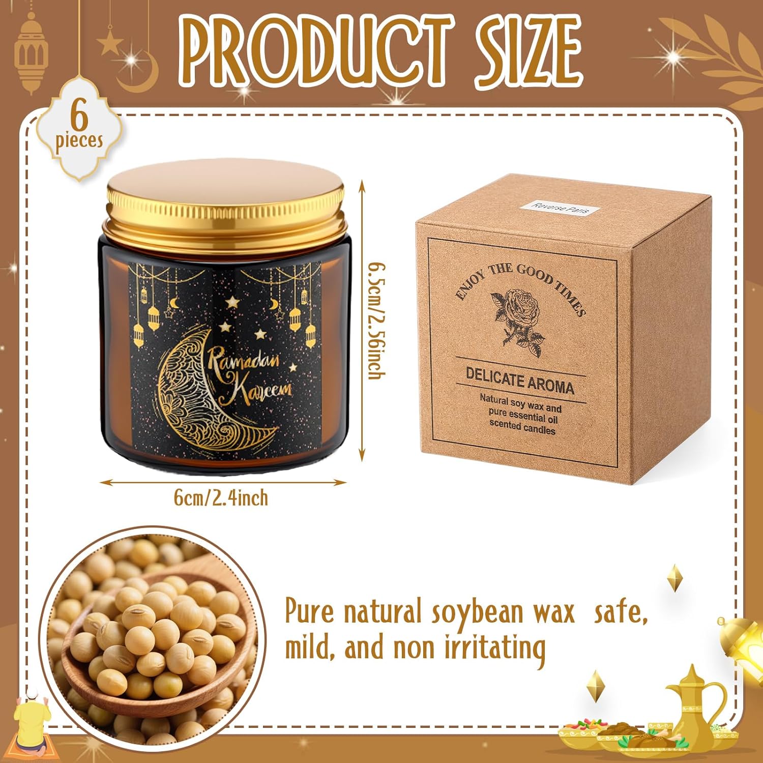 Lyrow 6 Pcs Ramadan Gifts for Women Men Ramadan Mubarak Candles 3.5 oz Scented Soy Wax Candle Islamic Muslim Candles Islamic Party Favors Gifts for Home Muslim Islam Festival Decor (Black Gold) - Image 3