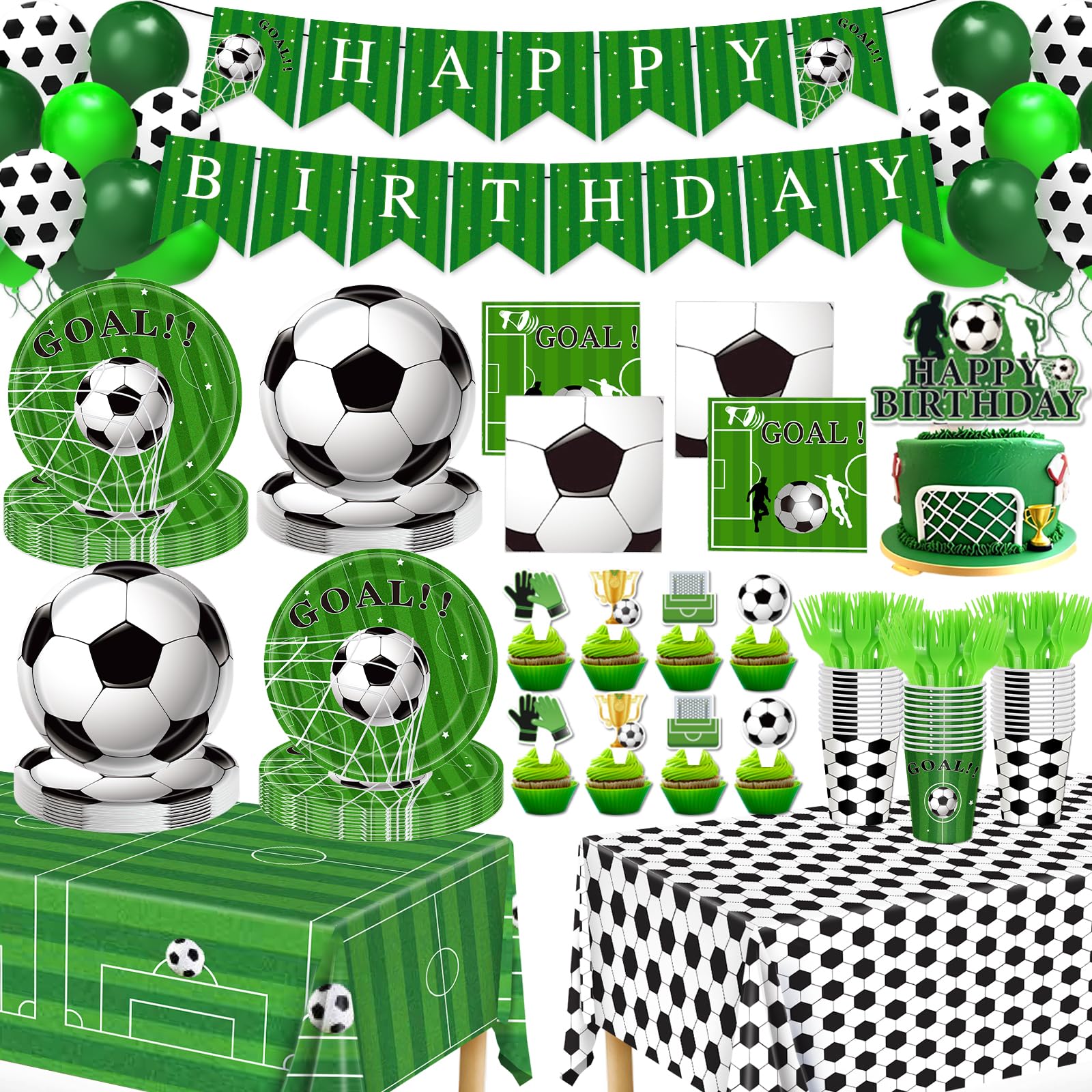Soccer Party Decorations, 143Pcs Soccer Birthday Party Supplies-Serves 24 with Plates and Napkins Tablecloth and Birthday Banner Balloons for Soccers Sports Theme Birthdays Decorations