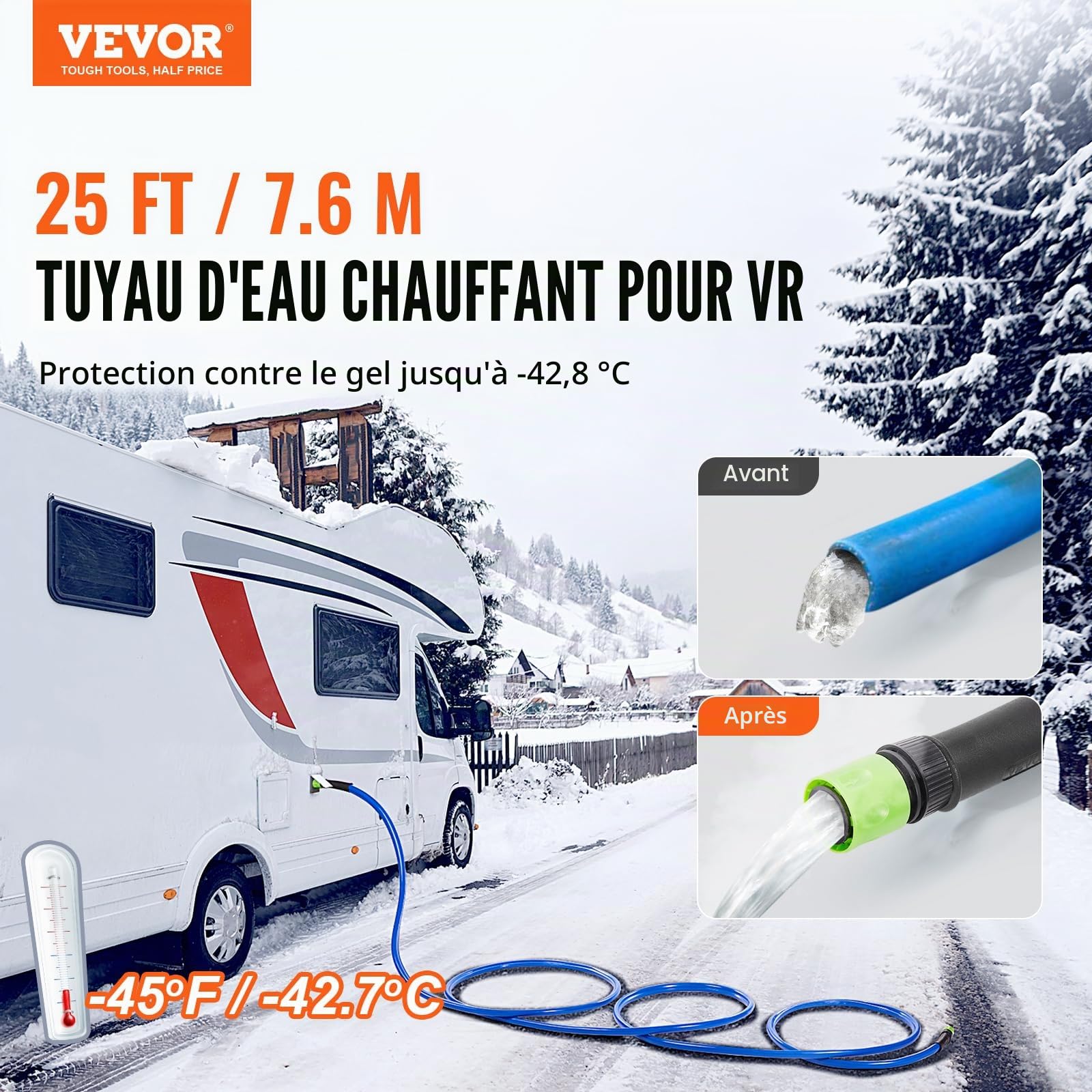 VEVOR Tuyau d'Eau Chauffant 7,6 m pour Camping-car, Tuyau d'Eau Potable Antigel jusqu'à -42,7 ℃, Autorégulation Automatique, Diamètre Intérieur de 16 mm avec Raccords Rapides, sans Plomb et sans BPA