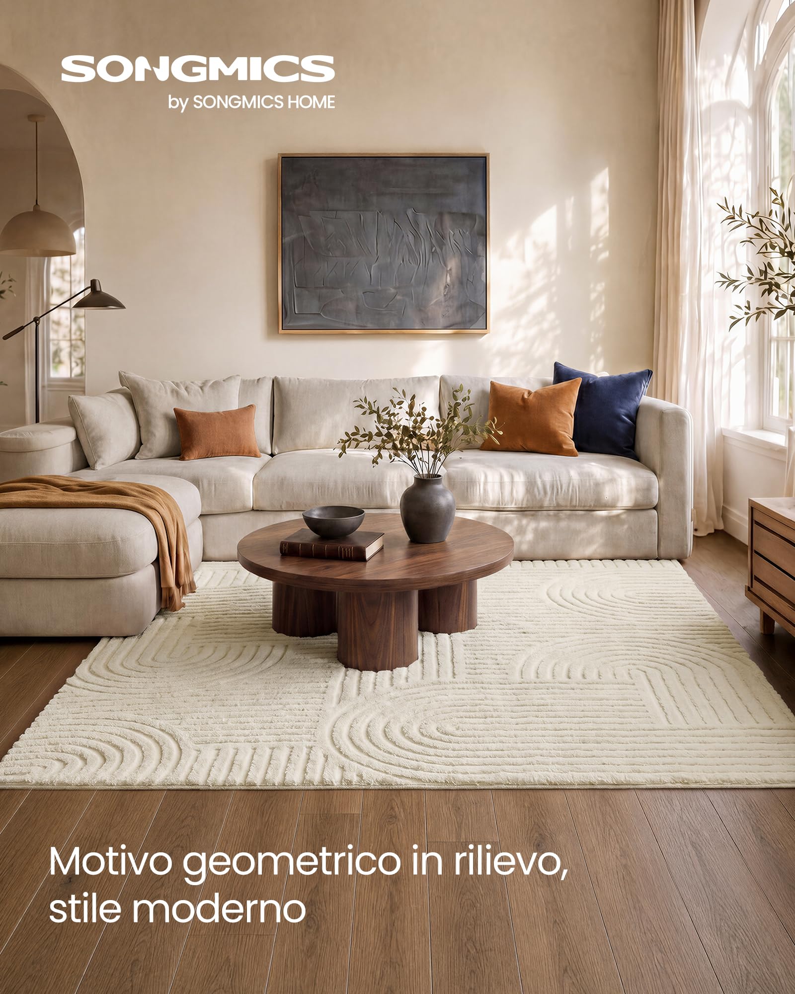 SONGMICS Tappeto, Tappeto da Salotto con Motivo Geometrico 3D, Lavabile in Lavatrice, Fondo Antiscivolo in TPR, 230 x 160 cm, per Camera da Letto e Corridoio, Crema, Collezione HILA TAR134WZ02