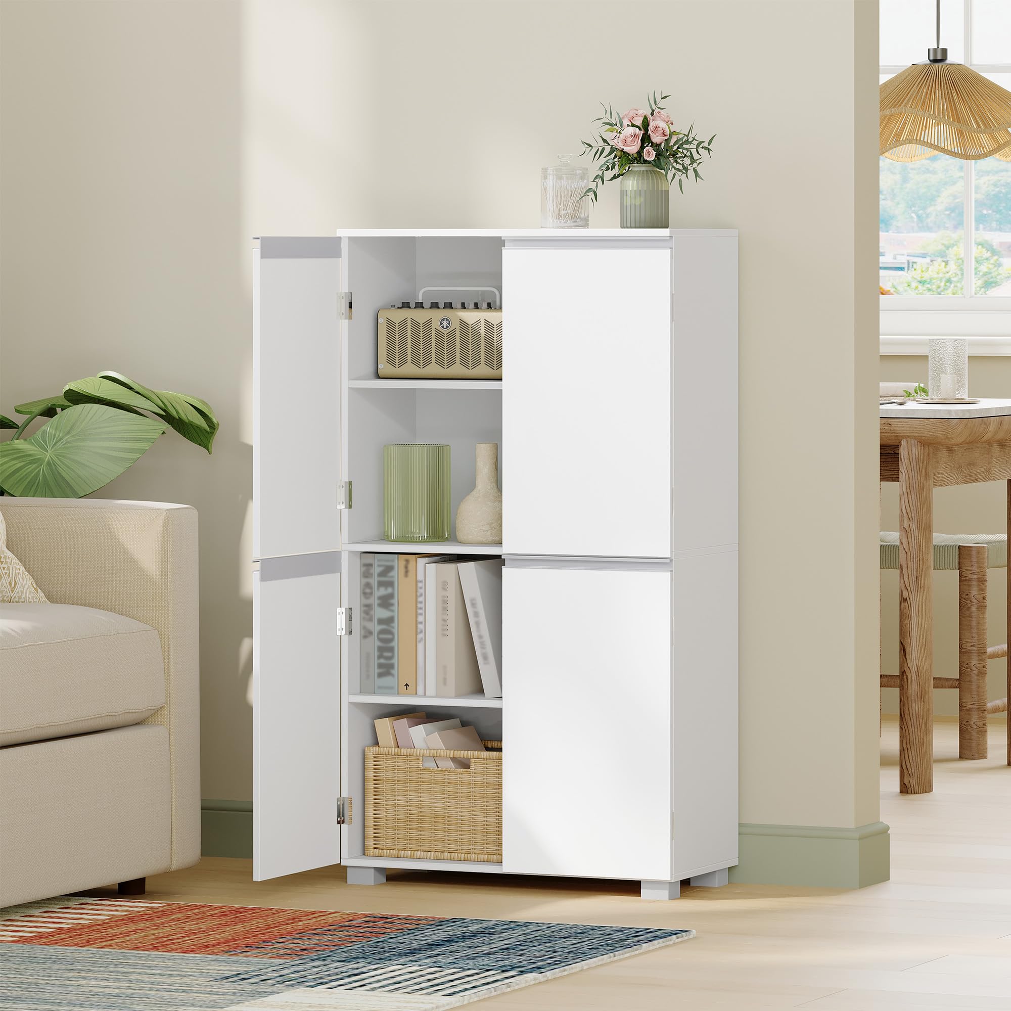 HEXCELEN Armoire de Salle de Bain, Meuble de Rangement avec 4 Portes Blanc | Placard de Cuisine avec Étagères Réglables, Adaptée au Salon, à La Salle de Bain, à La Buanderie, 30 x 60 x 110 cm
