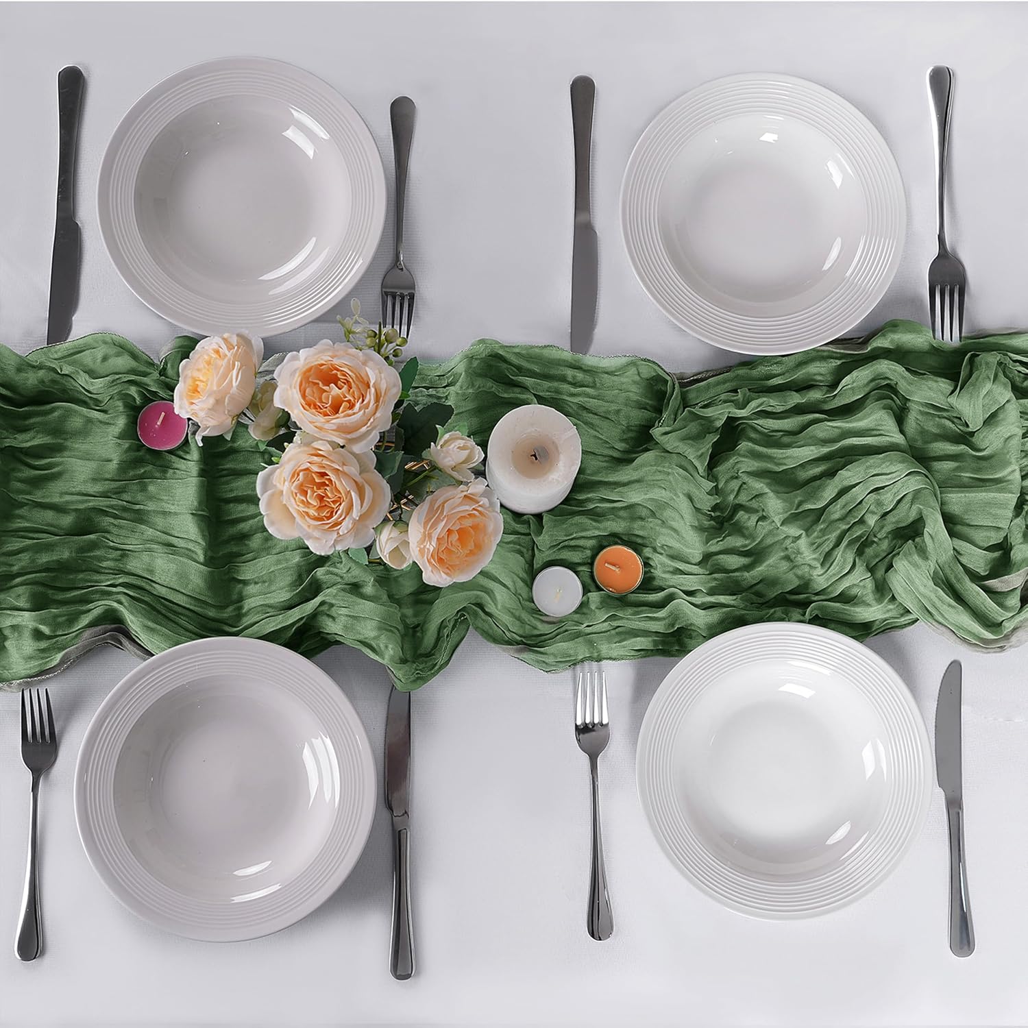 Peomeise Sage Green Cheesecloth Table Runner 20 Pack，17x108 Inches Boho Gauze Fabric Table Runner for Baby Shower Decoration Wedding Party