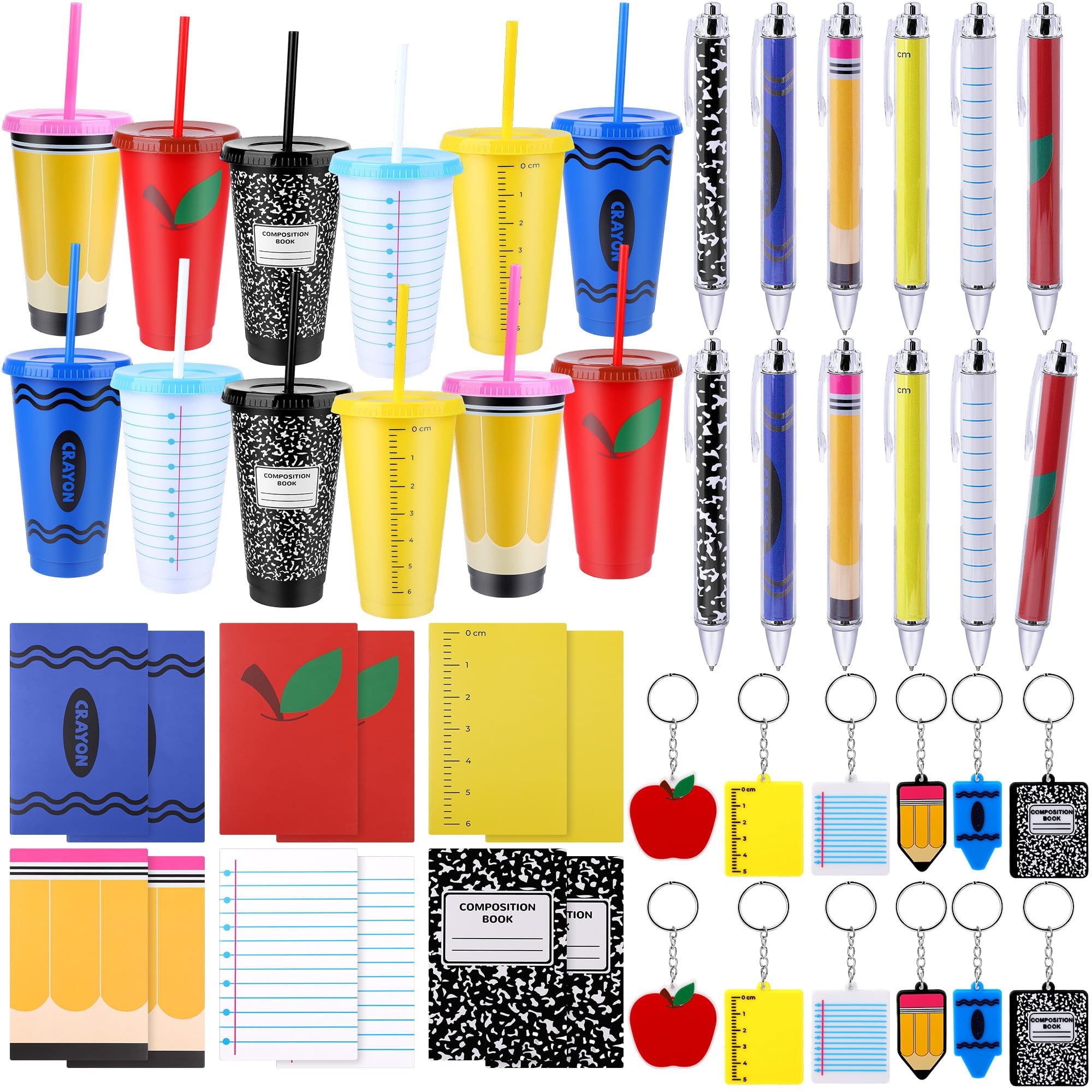 Kochorie Lot de 12 gobelets réutilisables en plastique de 700 ml avec couvercles et pailles, carnets, stylos, porte-clés pour enseignants, cadeaux de Saint-Valentin