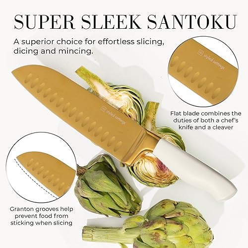 Miniatura 7 de Juego de cuchillos blancos y dorados con bloque autoafilable – 14 cuchillos de cocina con revestimiento de titanio dorado y blanco con bloque de