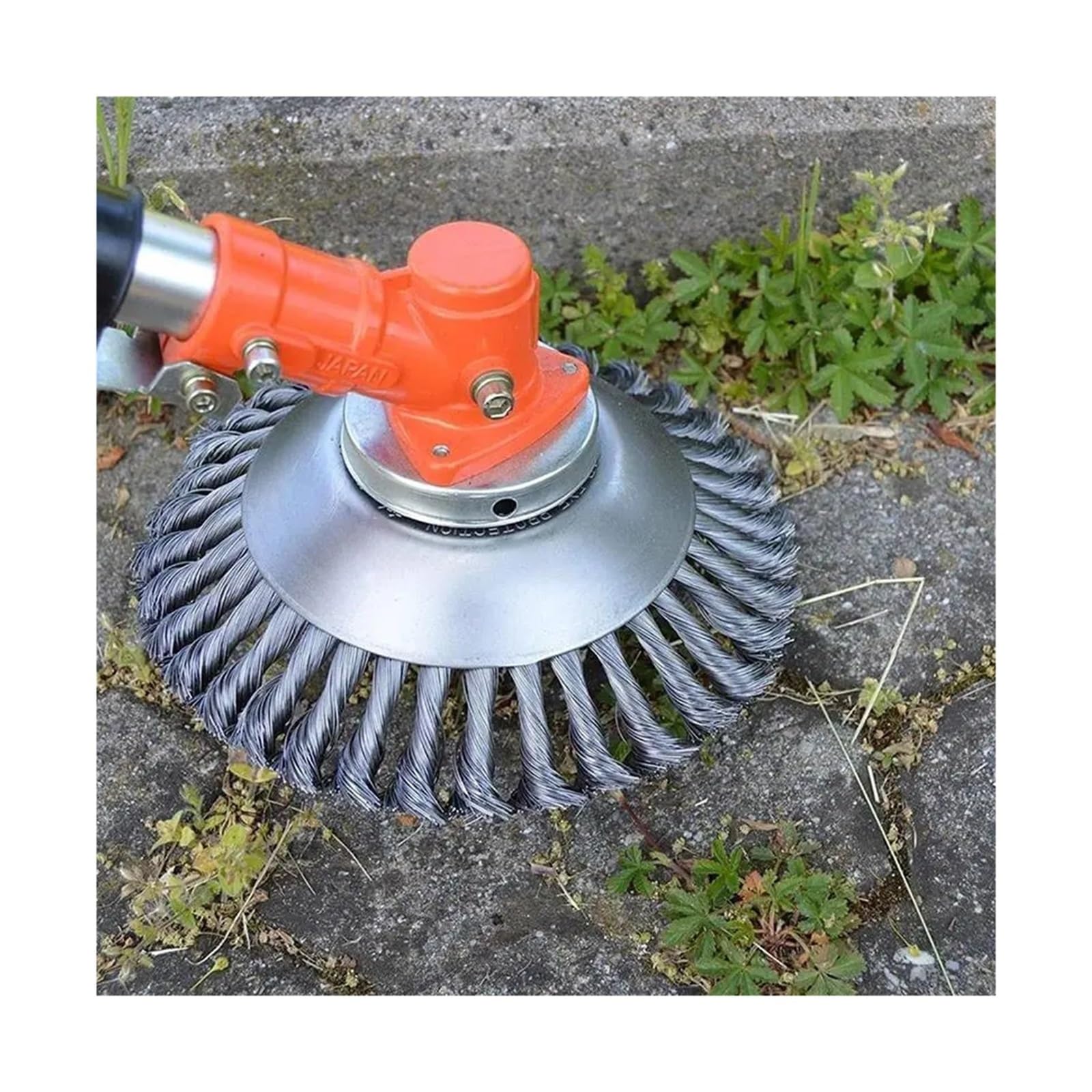 Spazzola a ruota in filo di acciaio per tosaerba e decespugliatore, spazzola per erbacce resistente per la pulizia di vialetti e patio (con adattatore)