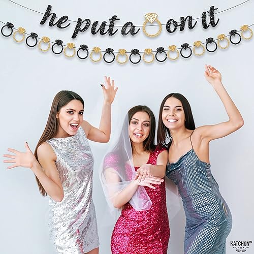 Miniatura 3 de KatchOn, Pre-Strung He Put A Ring On It Banner - Glitter, 10 Feet No DIY  Black and Gold Engagement Party Decorations, He Put A Ring On It Sign for