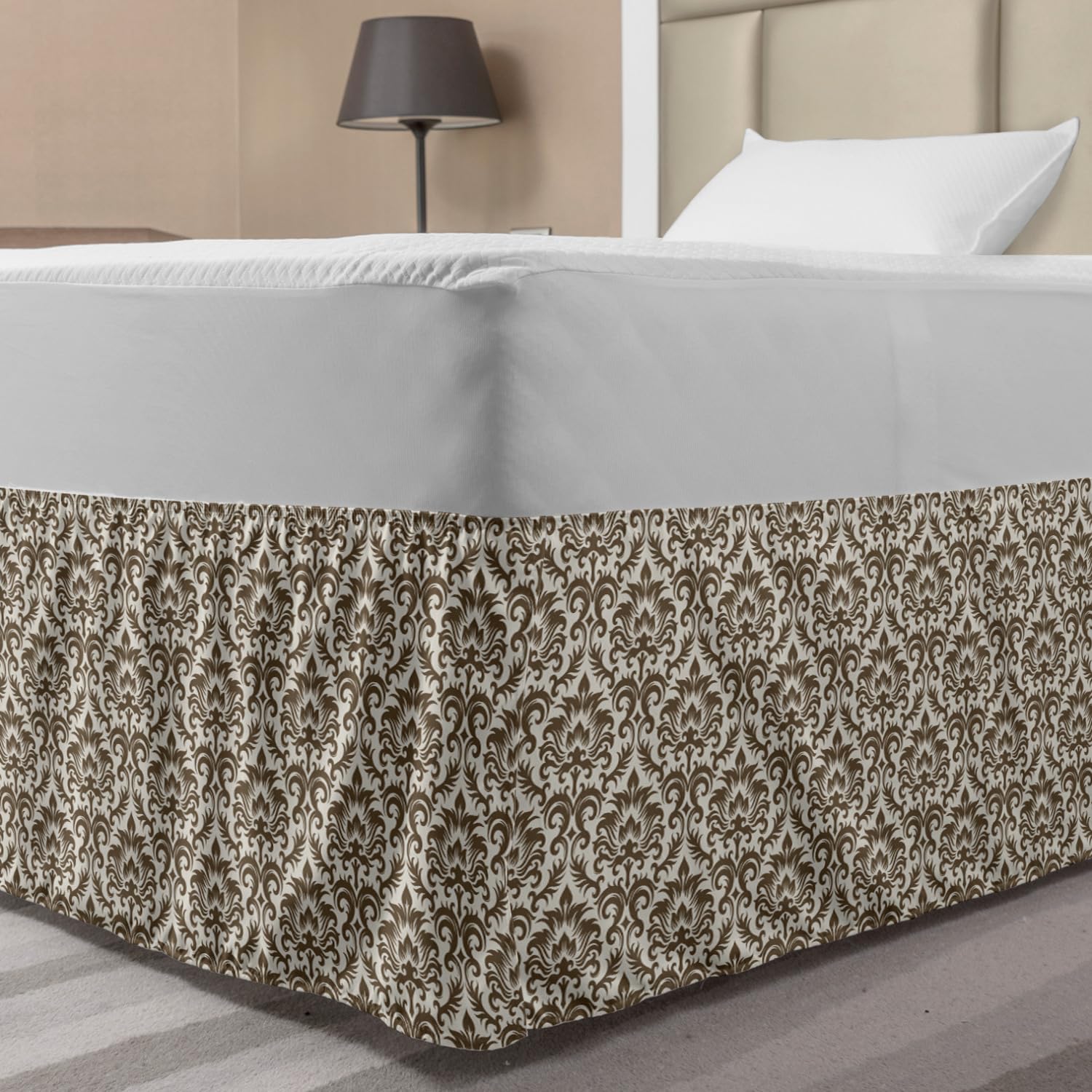 Ambesonne Damask Bed Skirt Floral Damask Featuring Scrolled Motifs Antique Victorian Style Old Country Elastic Bedskirt Dust Ruffle