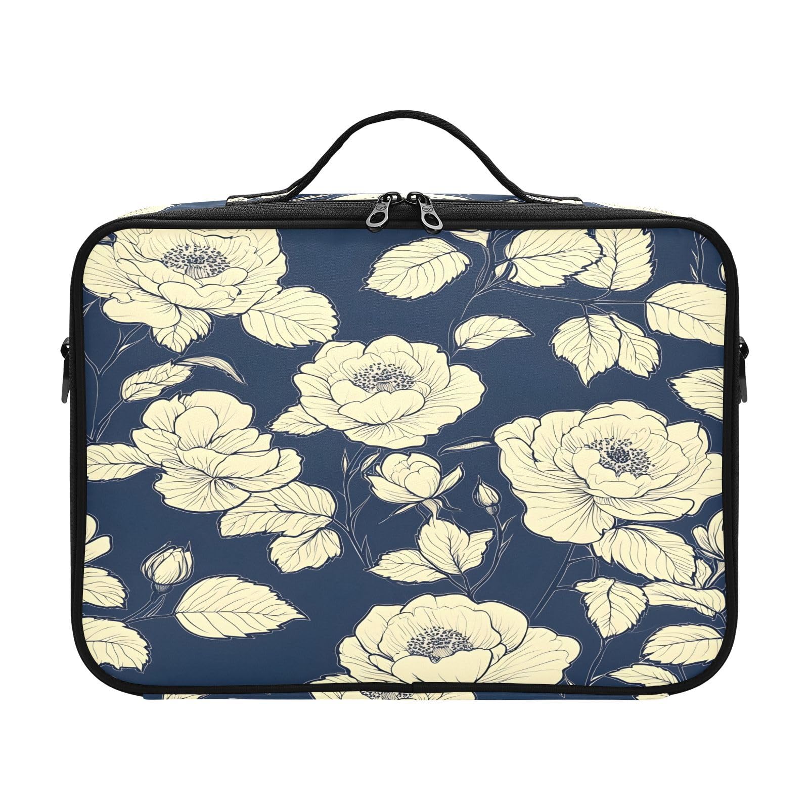zyrtty Travel Makeup Train Case White Black Flower Indigo Pattern Cosmetic Organizer Portable Storage Bag with Adjustable Dividers for Cosmetics Brushes Toiletry Jewelry Digital Accessories