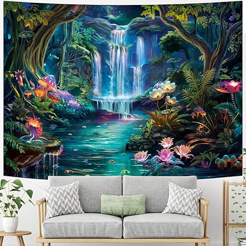 Miniatura 6 de Generleo Tapiz de bosque con diseño de hongos, flores, galaxia, cascada, colorido, floral, plantas, tapiz de pared, tapiz estético de fantasía,