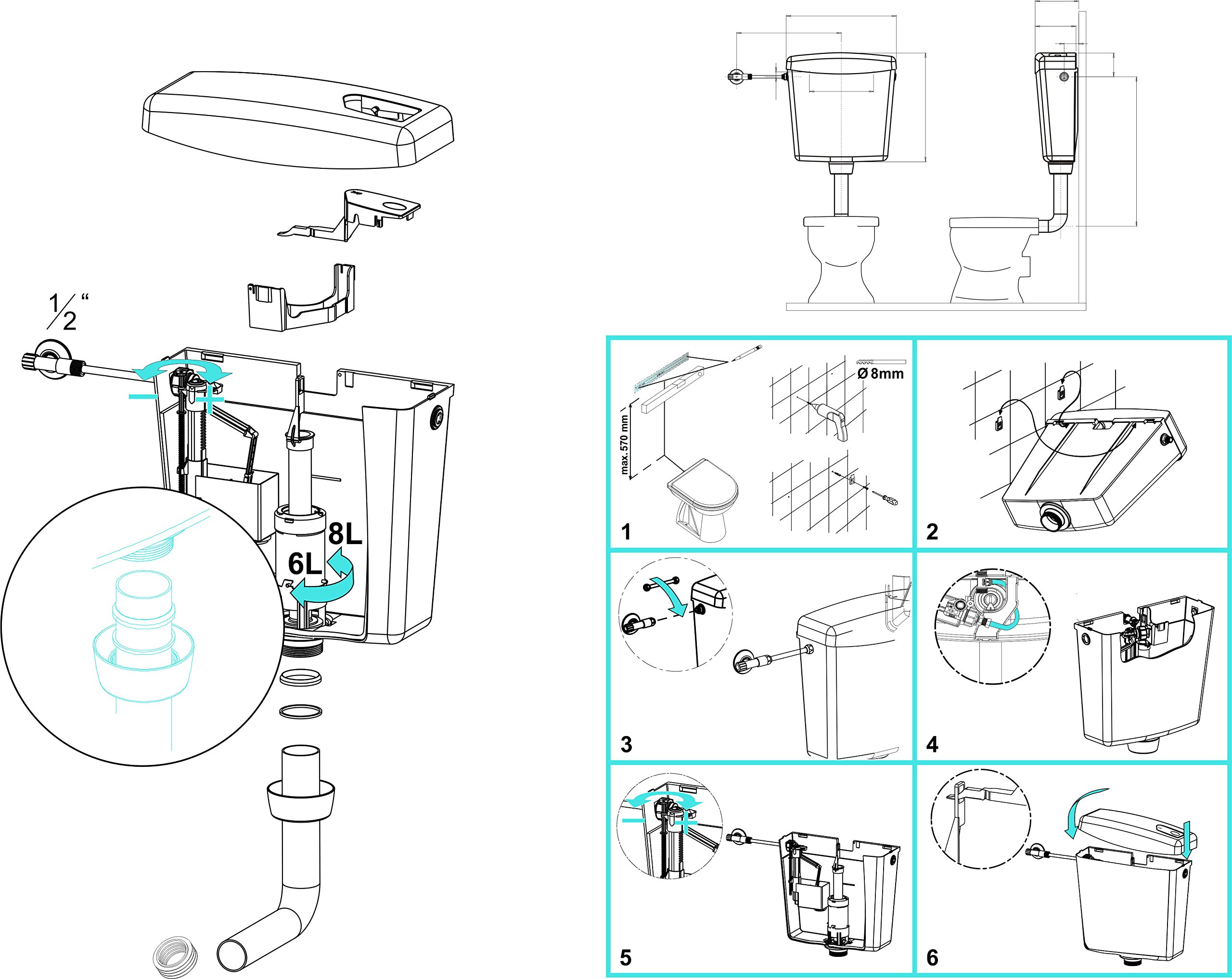 Cornat KELLU Spülkasten 6L - weiß - Kunststoff, 3-seitige Anschlussmöglichkeit - Start-/Stopp-Spülung - tiefhängend / Spülkasten WC / Toilettenspülkasten / Toilettenspülung / SPKA1500