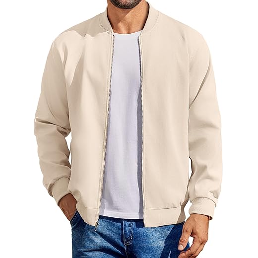 COOFNADY Men's Lightweight Jacket Linen Bomber Jackets Casual Softshell Varisty Jacket Beige, Large