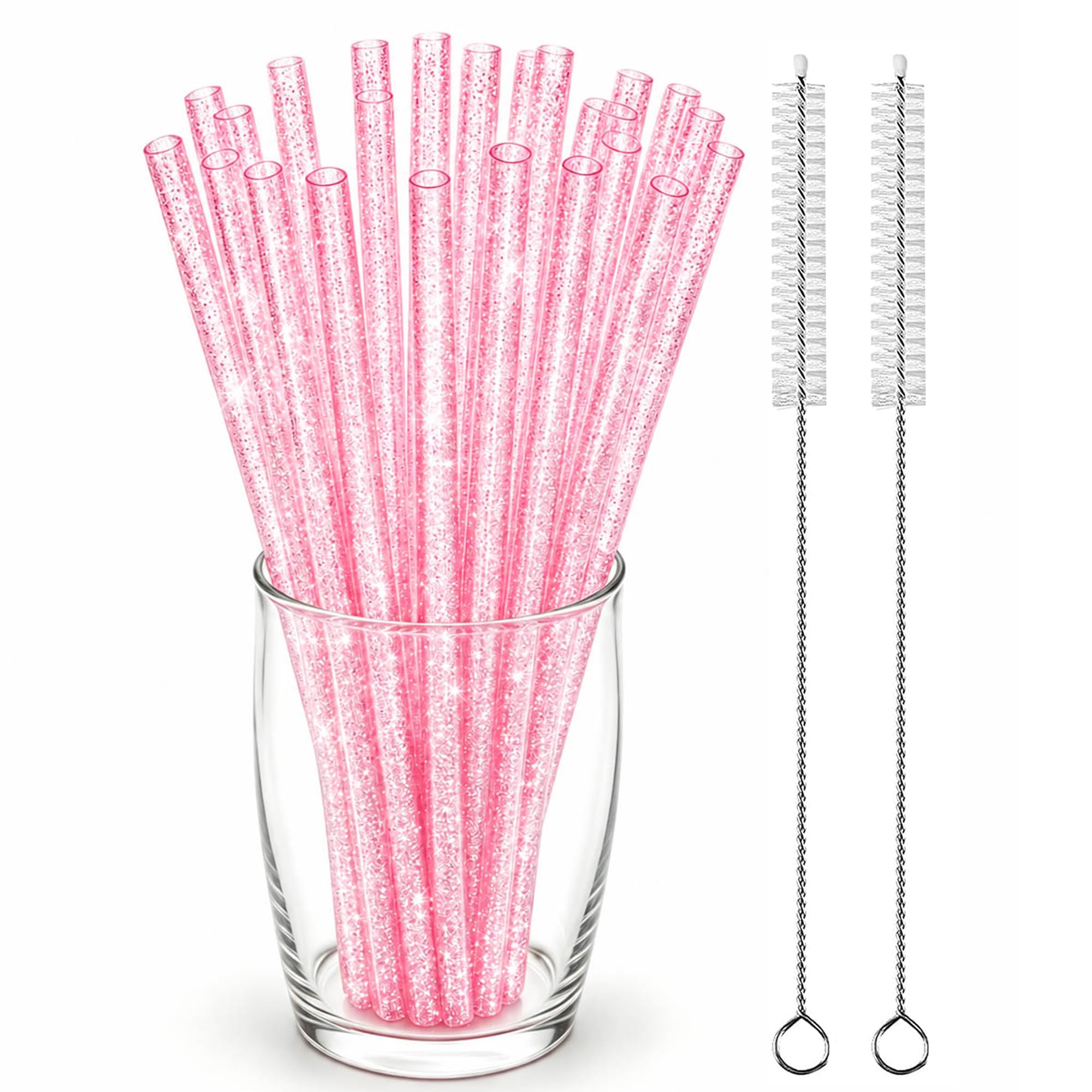 24 Pack 9 Inch Pink Glitter Reusable Replacement Straws Compatible with 16oz 20oz 24oz Tumblers & Mason Jars Wedding Party Supplies Guest Favors — image 1