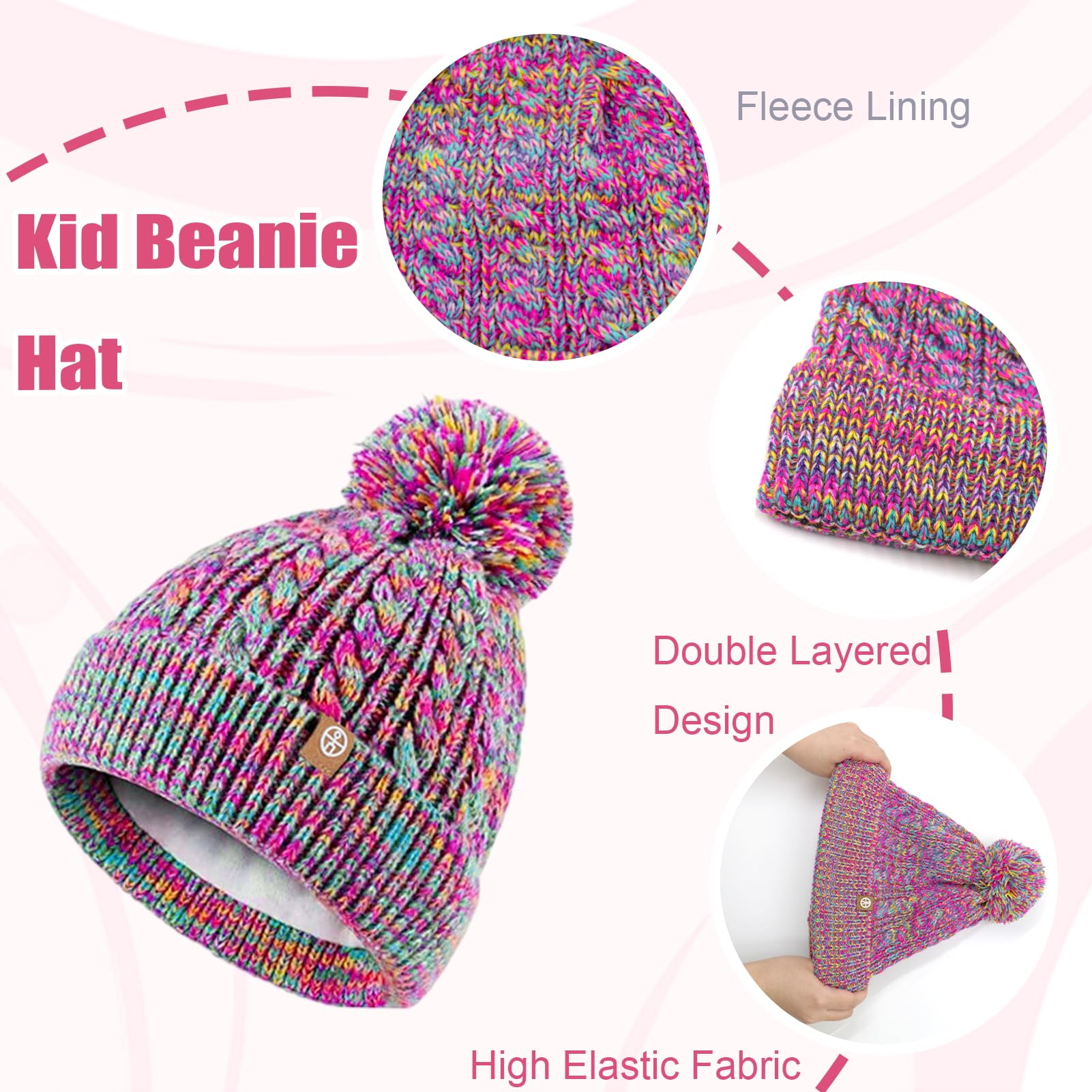 Lifup Conjunto de Bufanda Gorro y Guantes, Invierno Cálido Sombrero de Punto con Pompon, Beanie Forro Polar Niños Set para Niños Niñas 5-10 Años