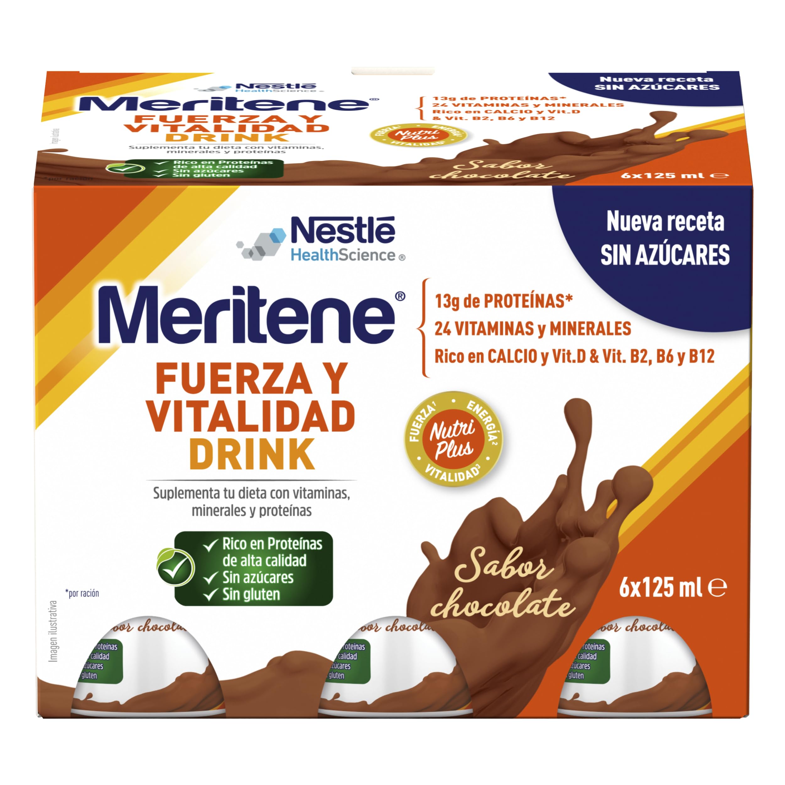 Meritene | Fuerza y Vitalidad | Suplemento Alimenticio | Listo para Tomar | Batido con Proteínas Vitaminas y Minerales | Sabor Chocolate | Refuerzo del Sistema Inmunitario | 6 Unidades | 125 ml
