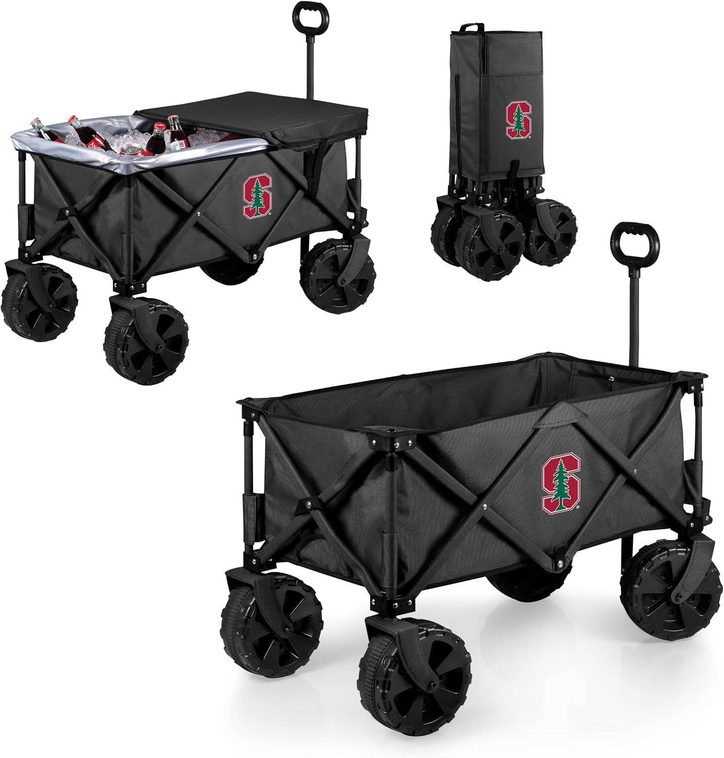 PICNIC TIME NCAA Adventure Wagon Elite All-Terrain Folding Beach Wagon with Big Wheels Plus Table Top Lid & Soft Cooler Liner, (Dark Gray)