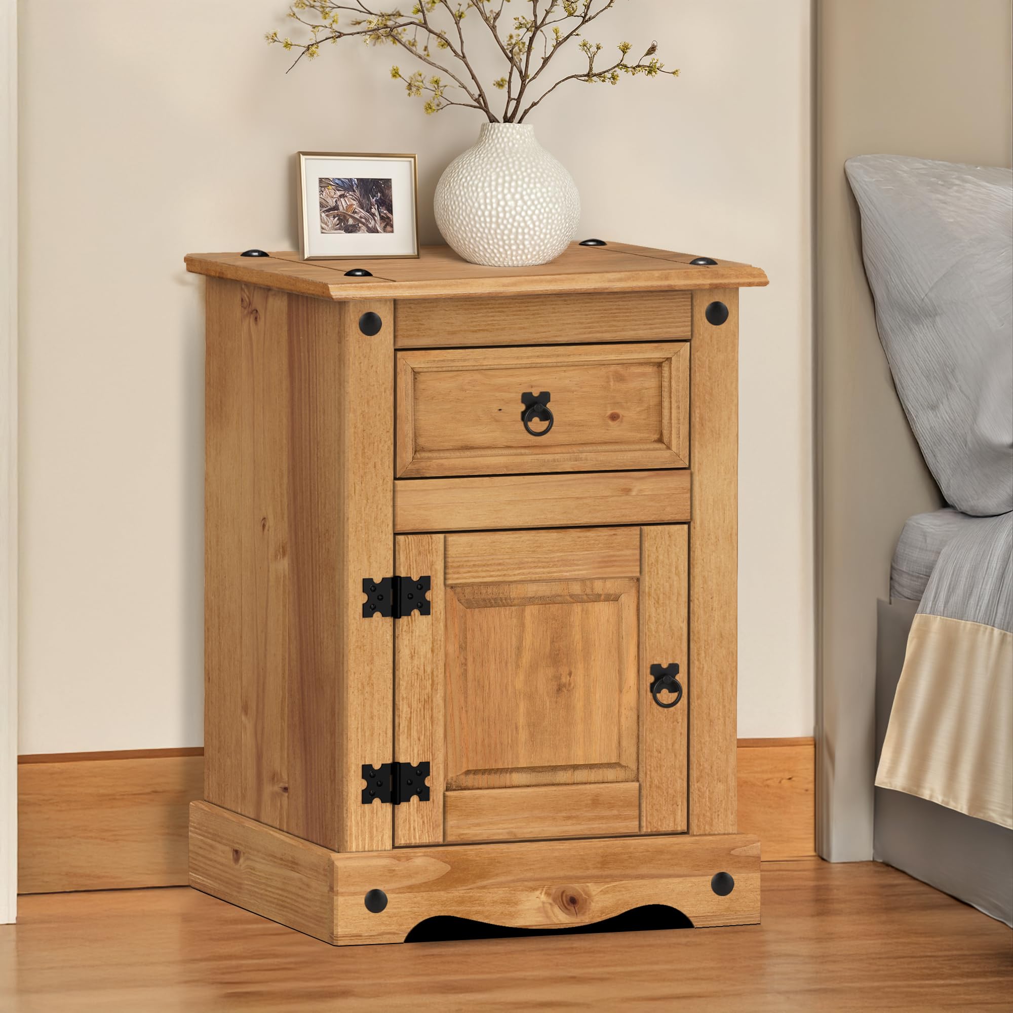 Corona Solid Wood Pine Bedside Pot Cupboard Medium Cabinet Table Wooden 1 Door 1 Drawer Bedroom Furniture Side lamp End Living Room Lounge Hallway Mexican Style 64cm High 45cm Wide 35cm Deep