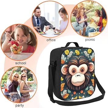 Monkey Pattern Insulated Lunch Bag Reusable Lunch Box For Women Men, Reusable Leakproof Cooler Tote Bag With Adjustable Shoulder Strap For Office Work Travel Picnic Camping