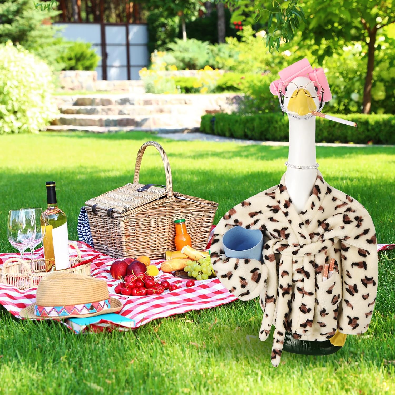 Porch Goose Statue Outfits Set Porch Goose Clothes with Wide Hat Costumes for 23" Plastic Statue Patio Yard Garden Lawn Outdoor Decoration (Light,Bathrobe)