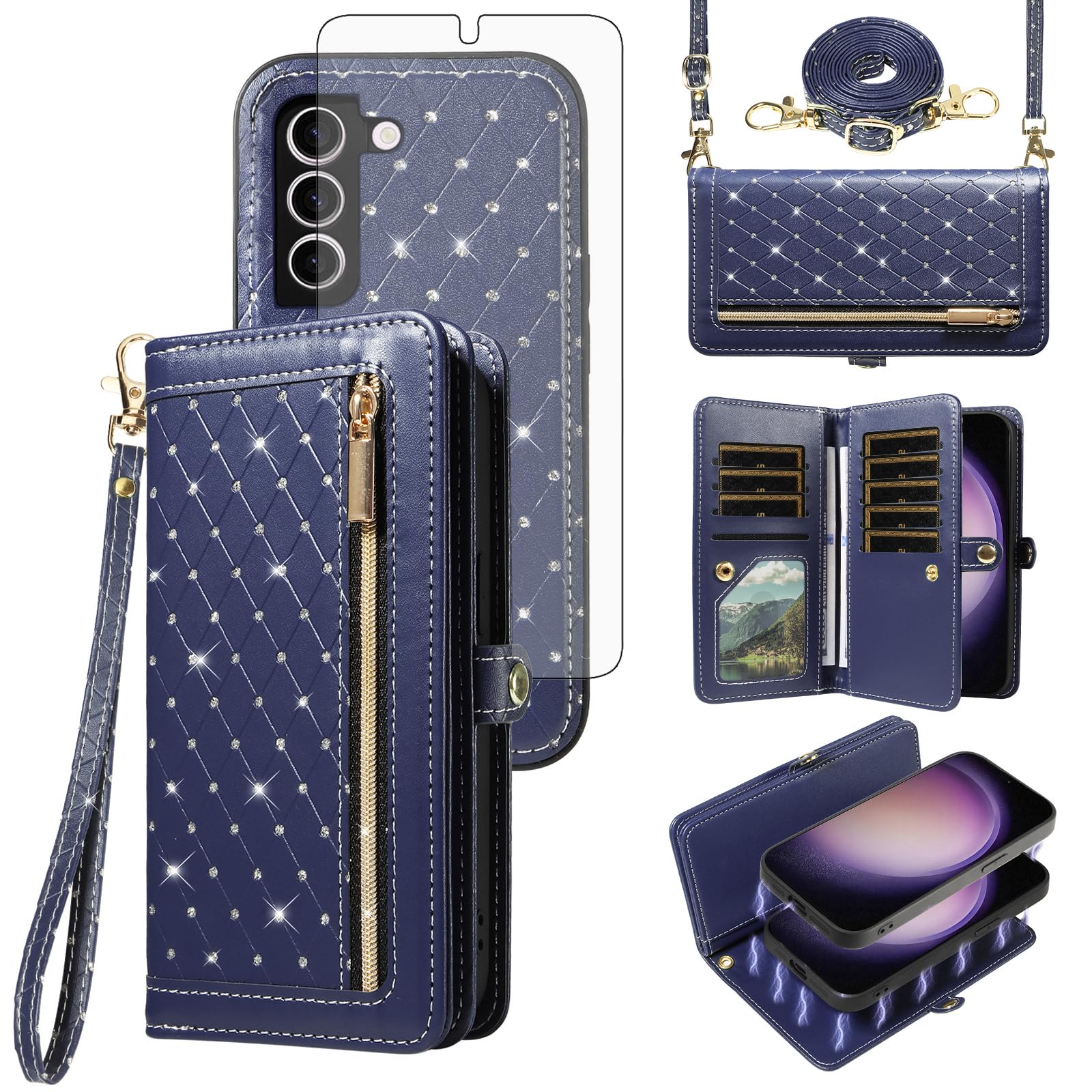 Custodia per Samsung Galaxy S23 Plus S23+5G con cerniera a portafoglio staccabile con pellicola protettiva per lo schermo a tracolla Bling Flip porta carte di credito S23plus 23S + S 23 23+ SM-S916U