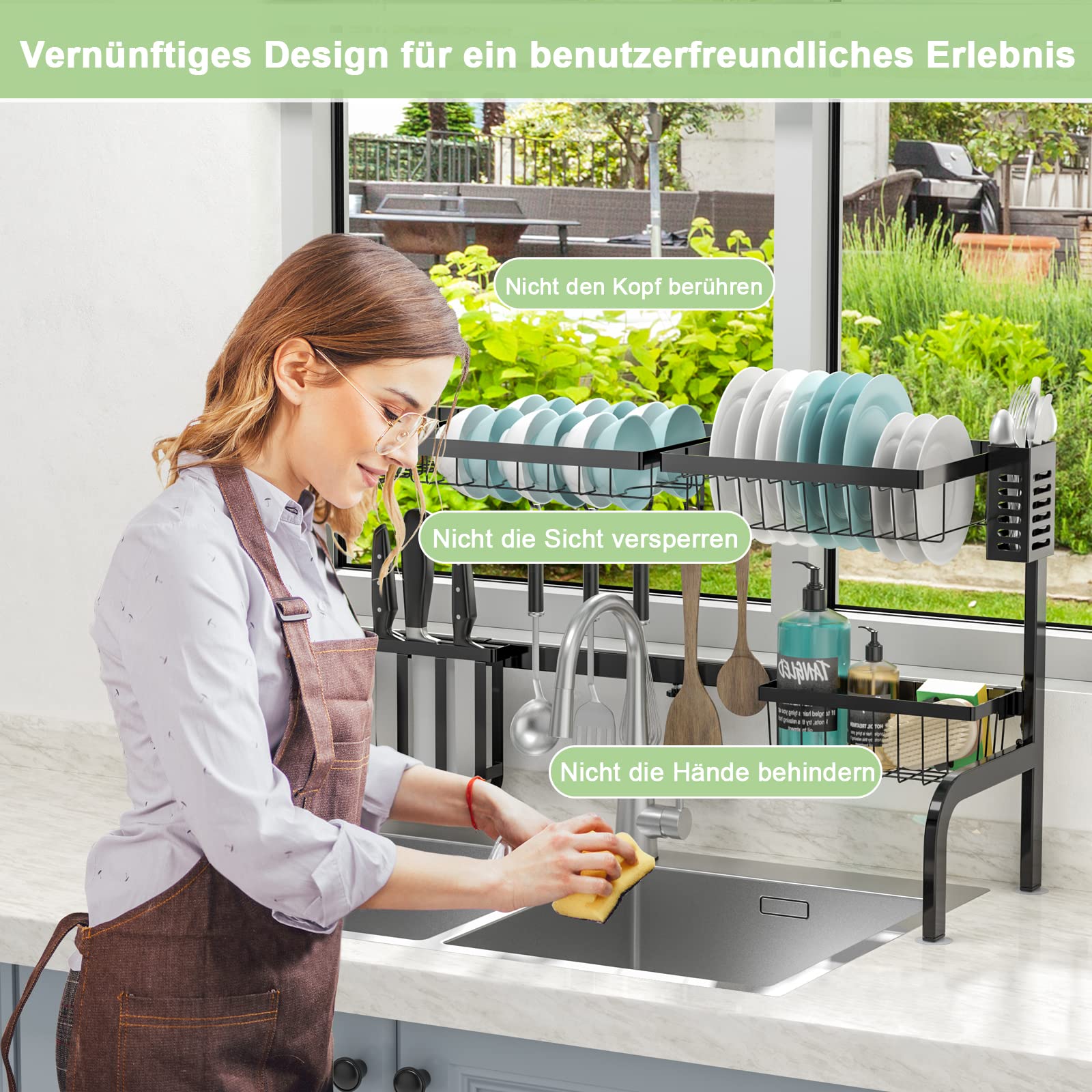 COSTWAY Abtropfgestell für die Spüle, 2-stöckiges Geschirrregal, Breite verstellbar: 53-99cm, Abtropfständer mit Utensilienhalter & Haken, Geschirrabtropfgestell für Küchentheke, Schwarz