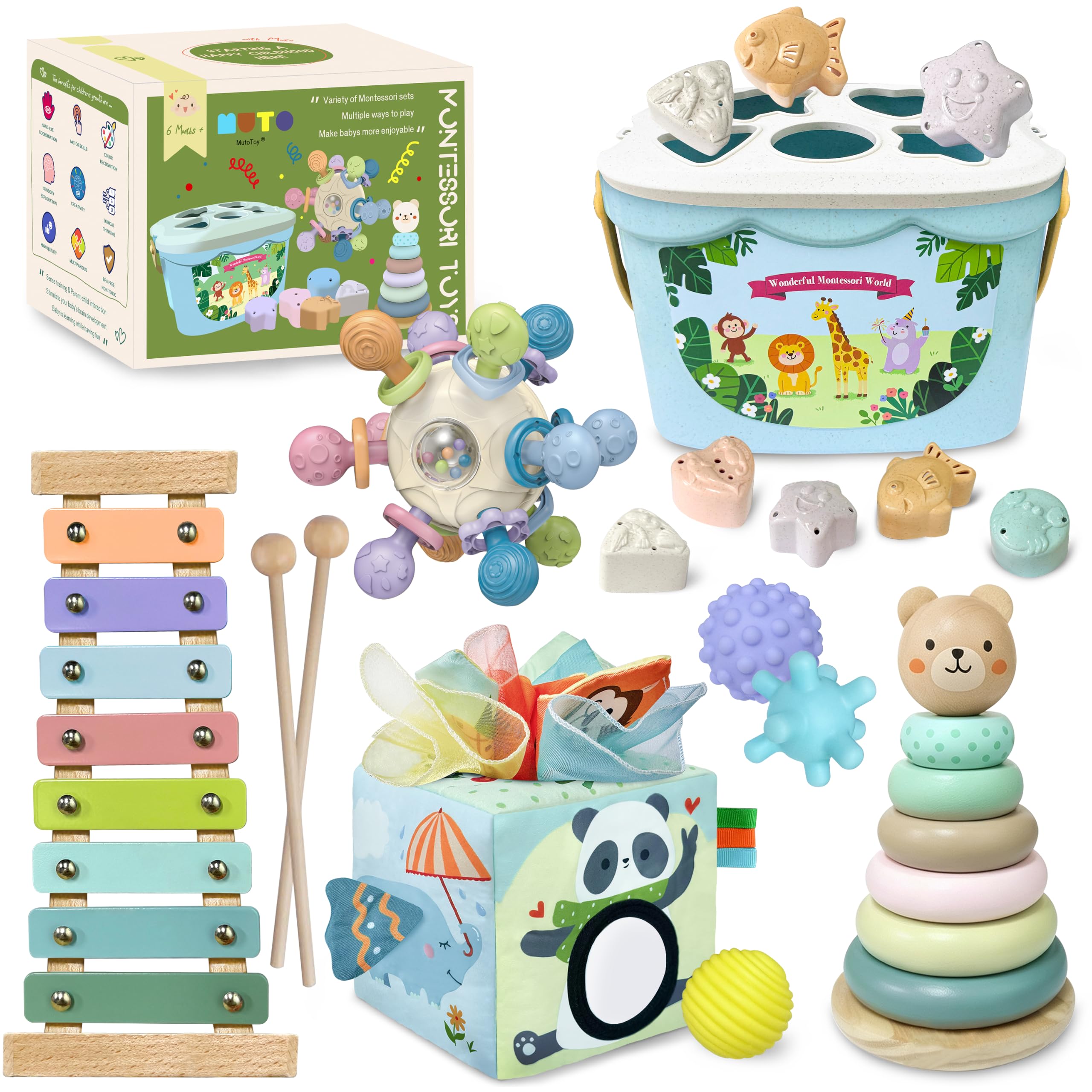 Montessori - Giocattolo per bambini 6 mesi, 6 in 1, giocattolo Montessori per bambini dai 6, 9 e 12 mesi, con scatola per fazzoletti, xilofono, anelli impilabili in legno, giocattolo in