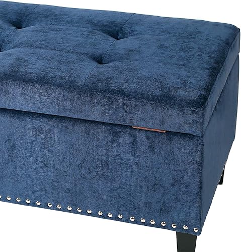 Miniatura 3 de Asense Banco otomano de almacenamiento rectangular de microfibra, reposapiés con patas de madera maciza, ribete de clavos