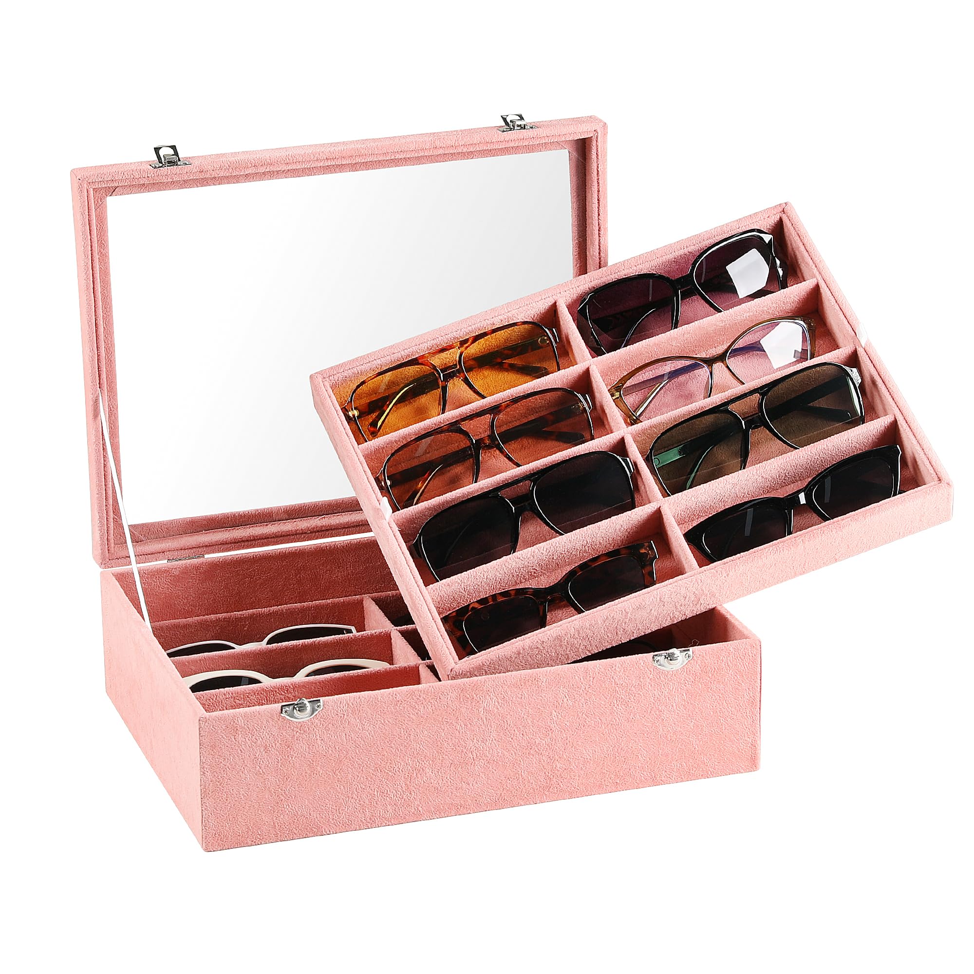 Frebeauty 16 Slots Sunglasses Organizer 2 Layer Velvet Sunglasses Tray with Glass Lid Multiple Pairs Sunglass Display Case