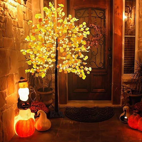 Ruidazon Árbol de Ginkgo iluminado de otoño de 6 pies, 240 luces LED con temporizador, 8 modos intermitentes, decoración artificial de árbol de