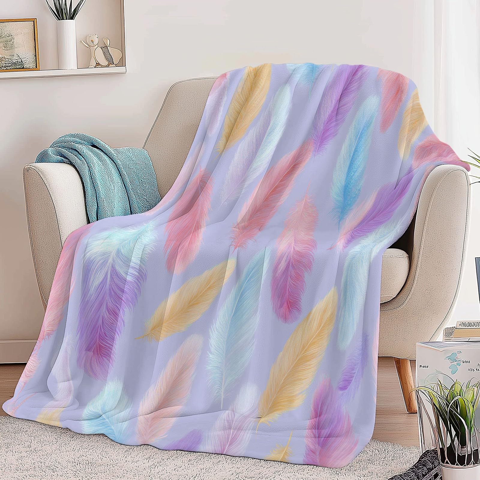 Generico Koc w kratę Kolorowe Pióra Polar 180 x 220 cm Super miękki zimowy ciepły koc w kratę, na sofę, narzuta na łóżko, na wszystkie pory roku, dla dorosłych dzieci