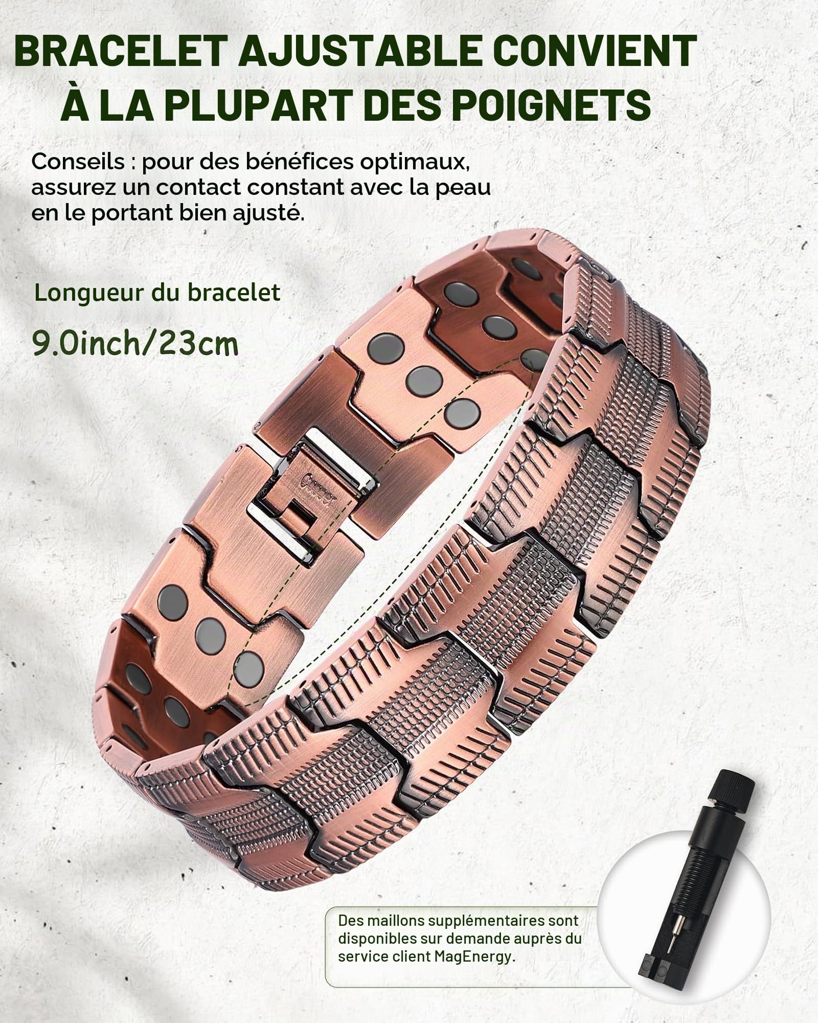 MagEnergy Bracelet en cuivre pour homme - Trois aimants ultra puissants - Design masculin - Bracelet magnétique en cuivre pur - Longueur réglable avec outil de réglage de la taille, Eine Grösse