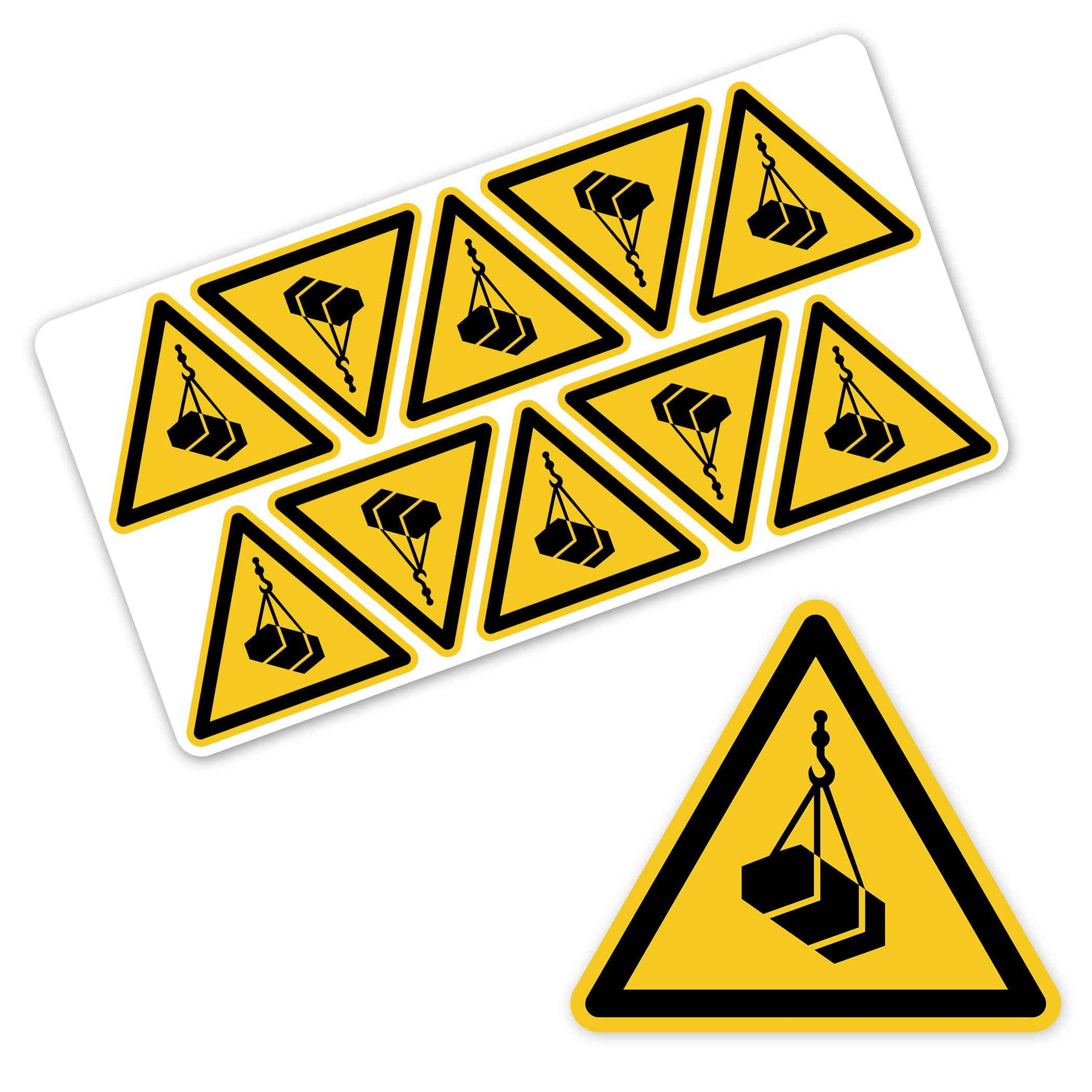 Señal de advertencia de carga flotante, símbolo de advertencia según DIN EN ISO 7010 ASR A1.3 W015 – Adhesivo de advertencia para sistemas de grúas, equipos de elevación industrial, adhesivo