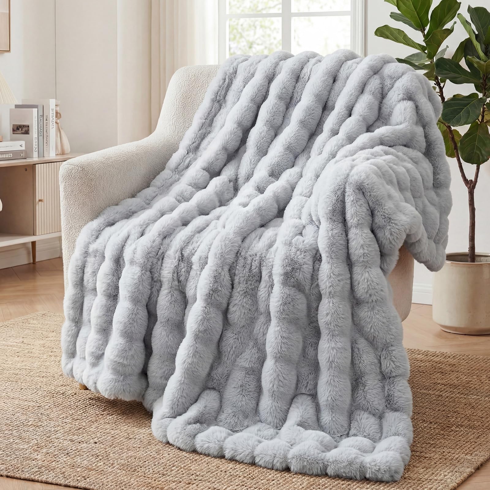 Kuscheldecke Kaninchen Plüsch Decke Super Soft Wohndecke Dick 1000 G/M² Flanell Decke Couchdecke Warme Überwurfdecke Sofadecke Vielseitig Blanket Für Bett Sofa Schlafzimmer Büro Hellgrau 130 x 160cm