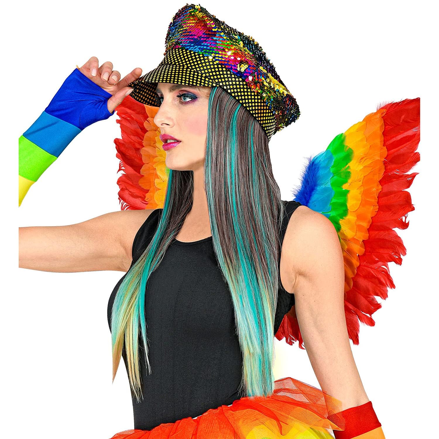 Widmann 03008, Rainbow Hat with Hair and Sequins, for Adults Shiny Headwear, Hat with Long Synthetic Hair, Accessories