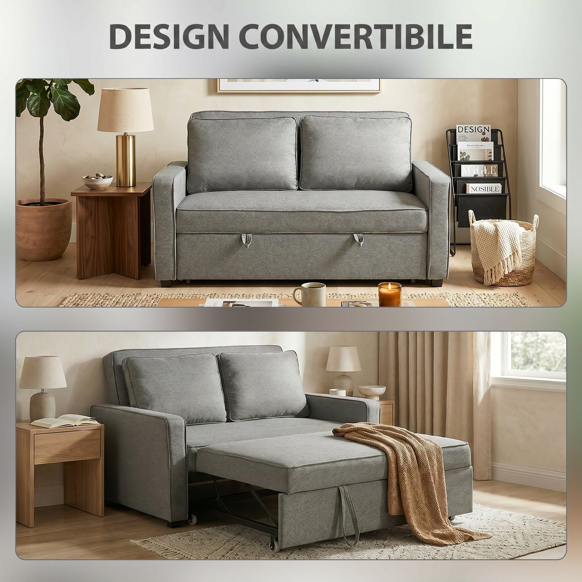 HOMCOM Divano Letto 2 Posti 3 in 1 Effetto Lino con 2 Cuscini, Divano Letto Matrimoniale Estraibile Reclinabile 3 Livelli Salvaspazio, Braccioli, Seduta Imbottita, Legno Eucalipto, Soggiorno, Grigio