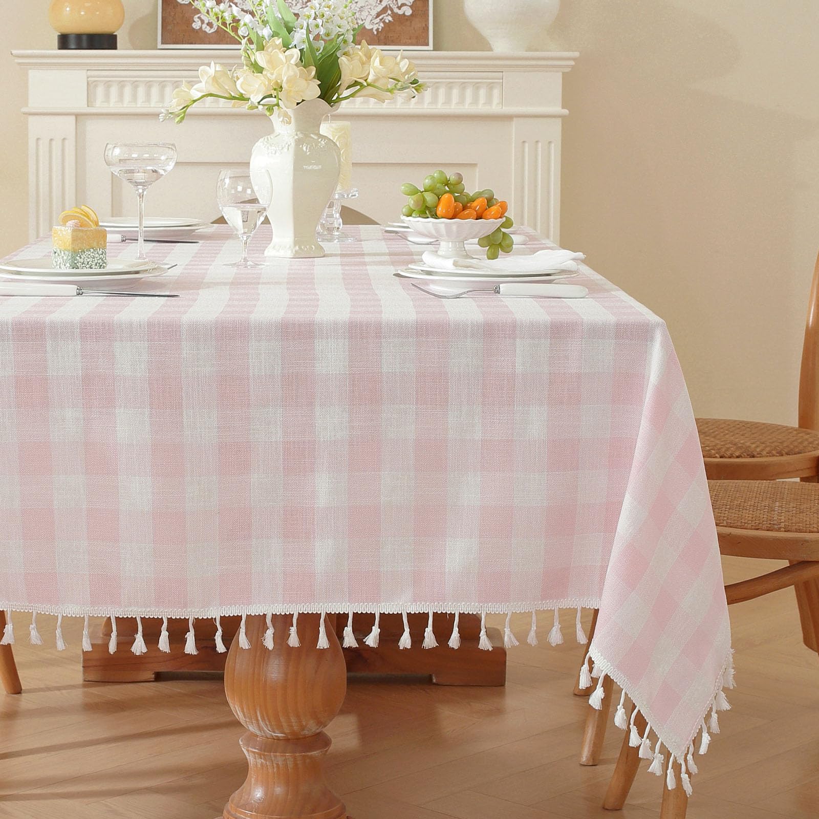 Photo 1 of gillhov Gingham Tablecloth Rectangular, Tassels Checkered Table Cloth Washable Cotton Linen Plaid Table Cover for Spring Summer Kitchen Dining Party,Pink and White,55x86