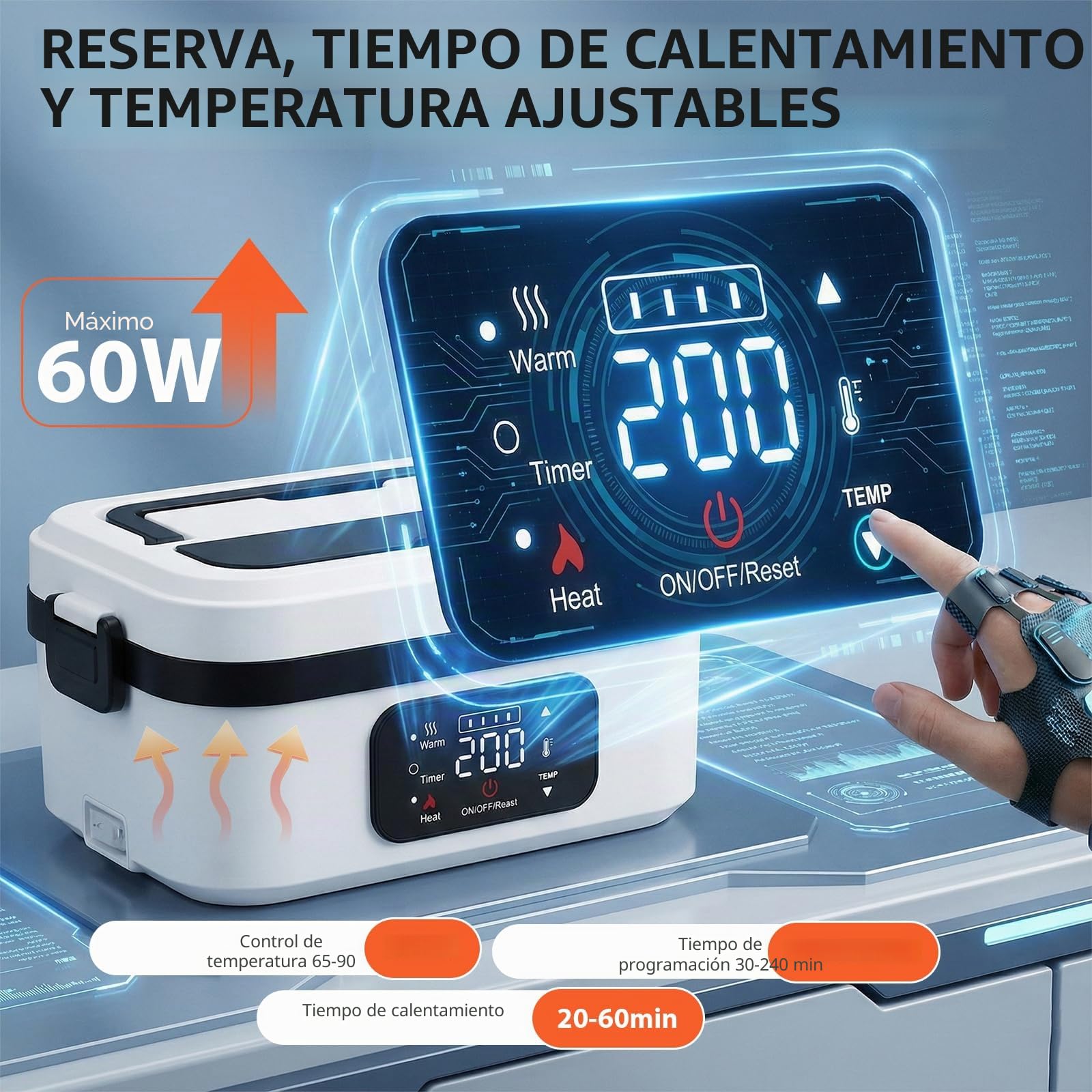 Fiambrera Electrica Calentador de Comida Portatil 1L Tupper Electrico con Batería, Recargable USB-C, Temporizador, Táper Eléctrico Acero Inoxidable con Bolsa Térmica y Cubiertos para Coche y Trabajo