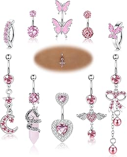 10 Pcs 14G Belly Button Ring for Women 316L Surgical Stainless Steel Belly Piercing Cute Pink CZ Dangle Belly Rings Curved Navel Rings Barbell Body Piercing Jewelry