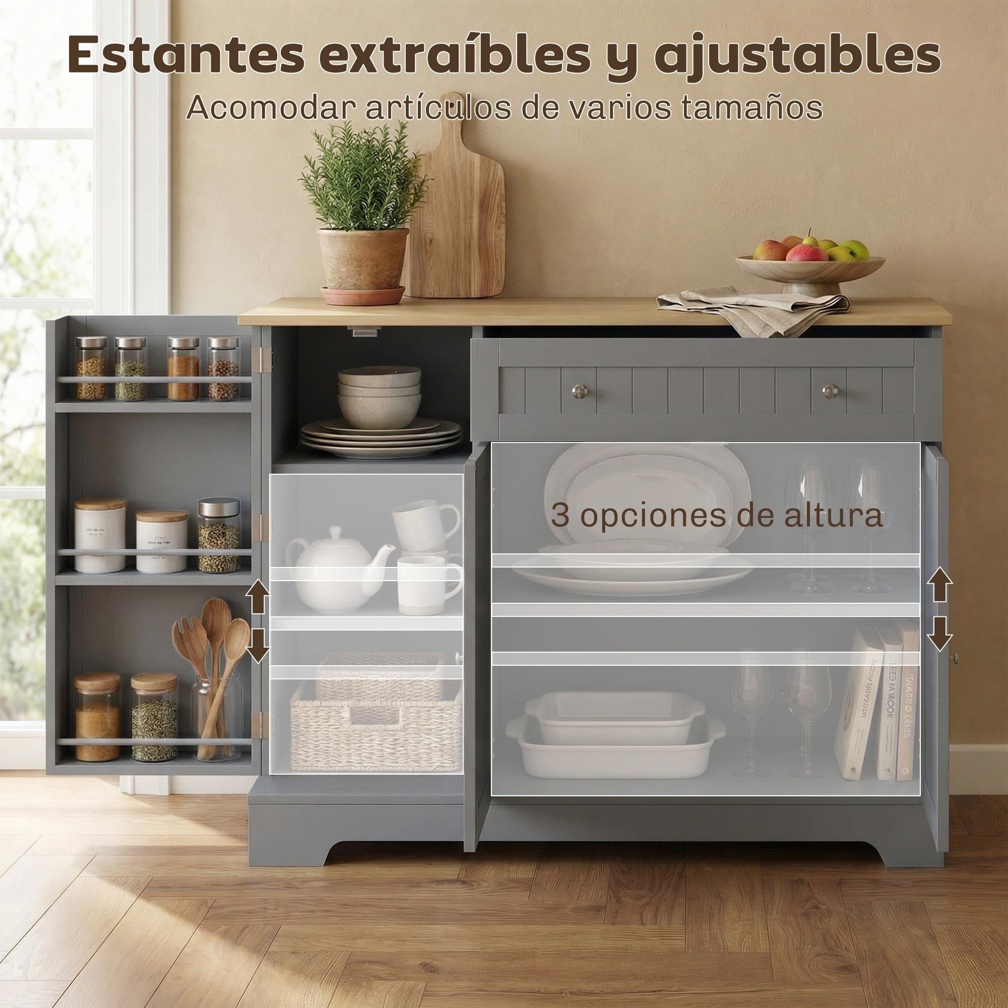 HOMCOM Aparador de Cocina, Armario de Cocina con 3 Estantes de Puerta, 1 Cajón, Estantes Ajustables, Aparador para Comedor, 105x40x83 cm, Gris