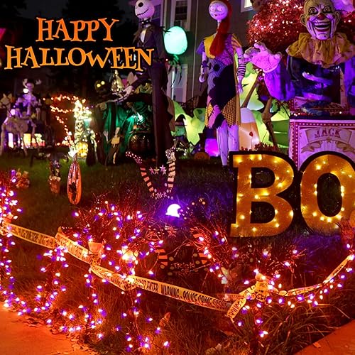 Miniatura 7 de Paquete de 4 luces solares de Halloween de 180 pies para exteriores, impermeables, 320 luces LED naranjas y moradas, cable verde, 8 modos, luces