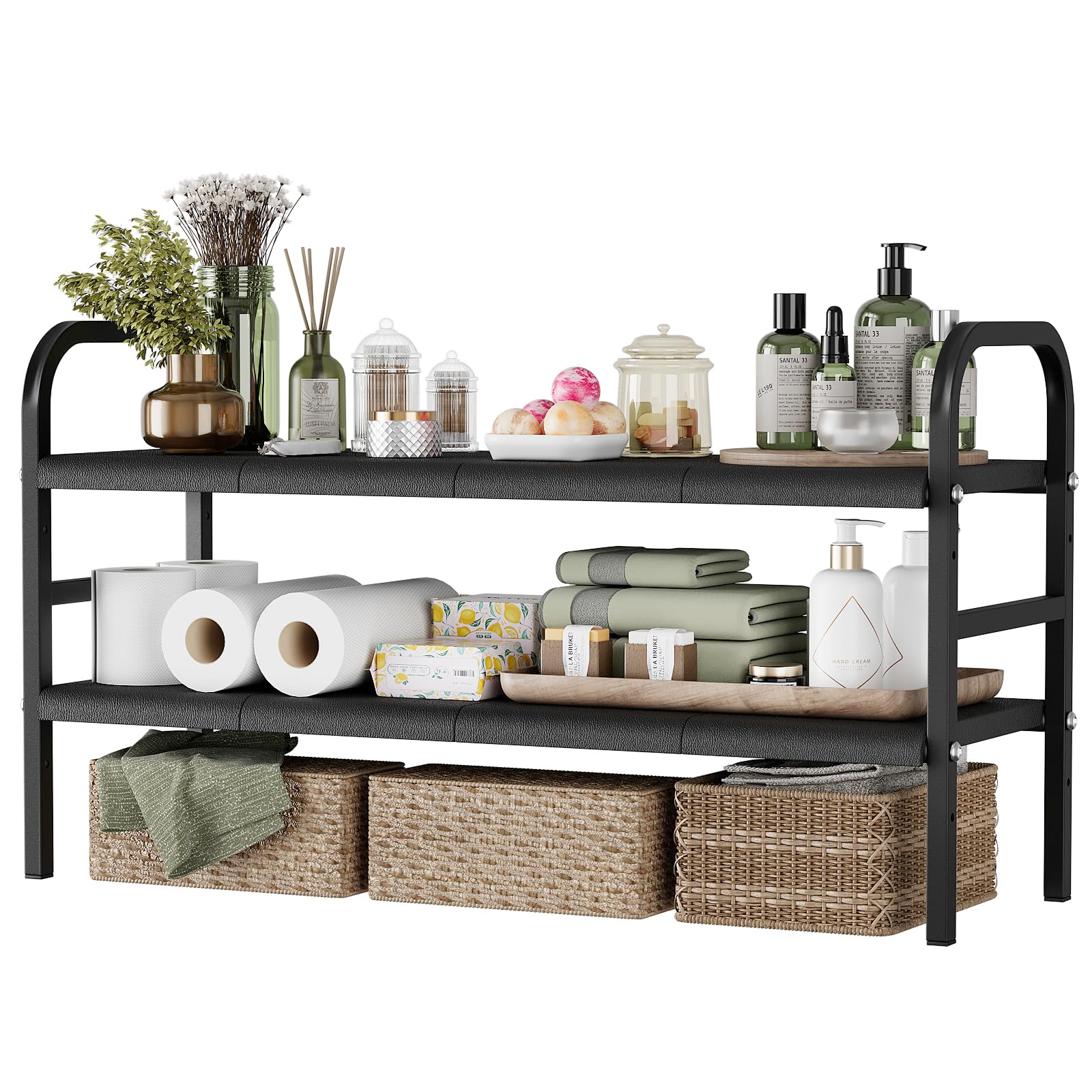 SUNZOS Under Sink Organizers, 2 Tier Expandable Cabinet Shelf Organizer with 8 Removable Panels, Under Counter Storage Organizer for Kitchen, Bathroom, Shoe Storage Rack