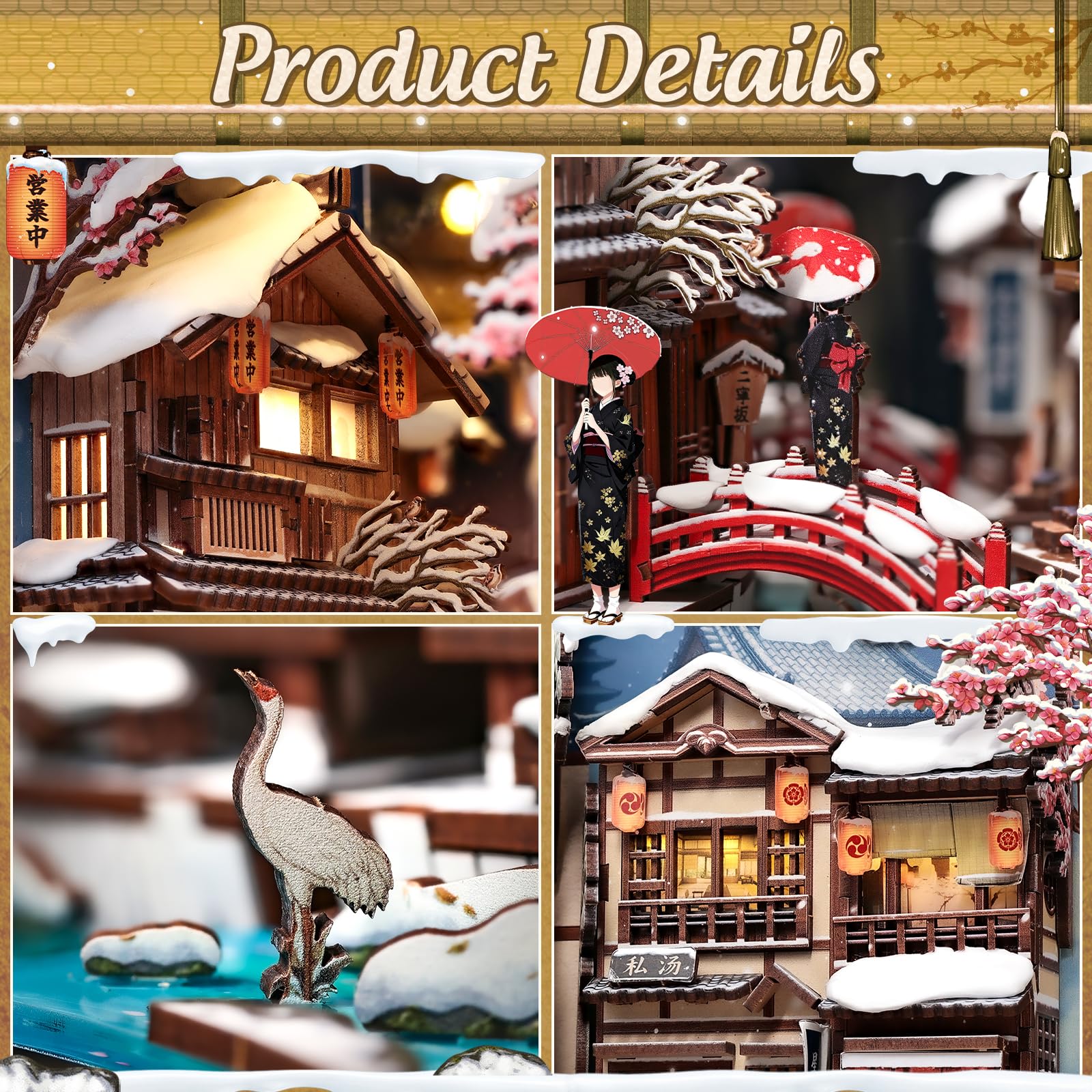 CUTEBEE Kyoto zestaw "zrób to sam" Book Nook - japońskie drewniane puzzle 3D dla dorosłych, miniaturowy zestaw do domu z oświetleniem LED, zestaw modelarski, kreatywny regał na książki, dekoracja i