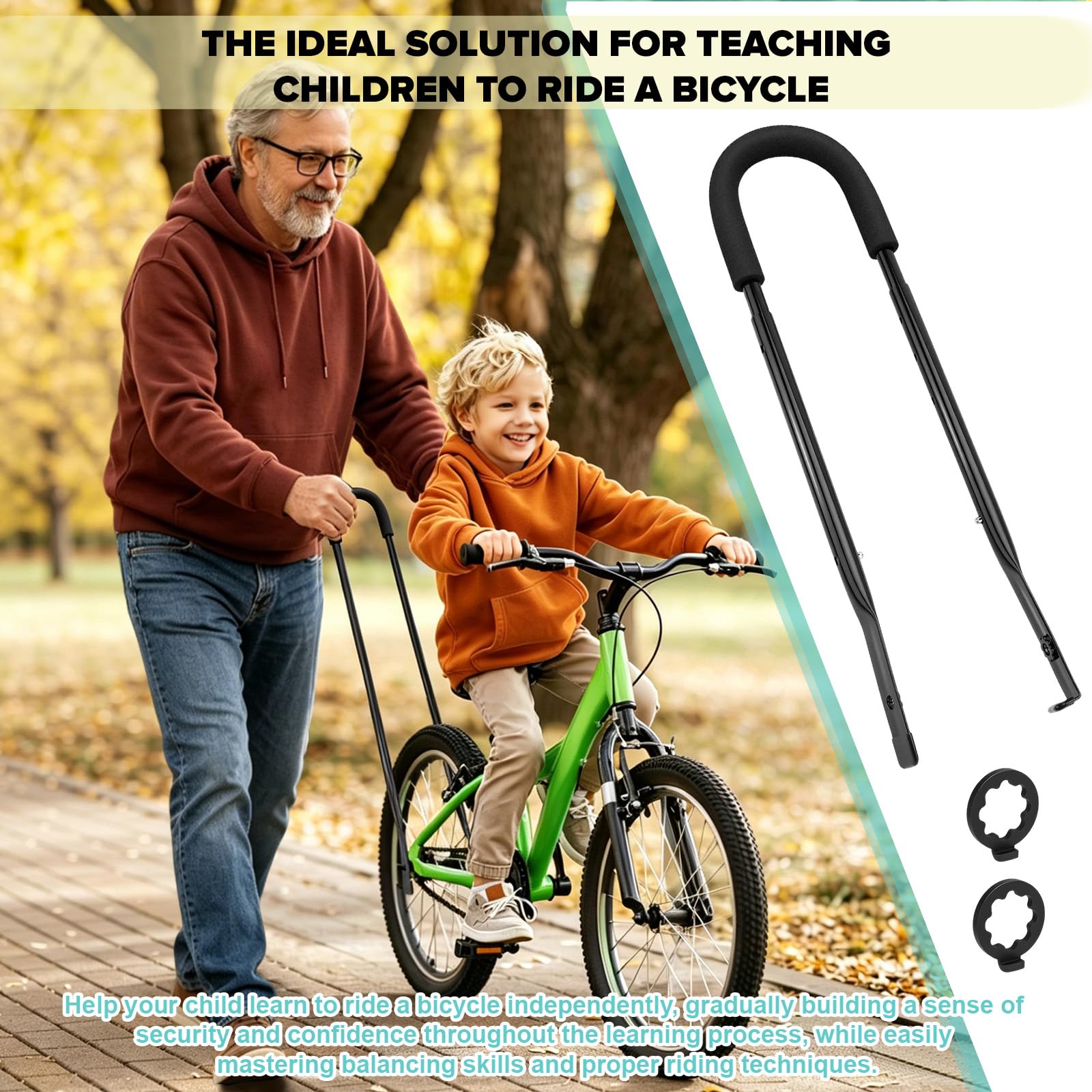 CHRI Barra de bicicleta para bicicleta infantil, ayuda de aprendizaje, barra de empuje universal, longitud ajustable, 21-29 pulgadas, para bicicletas y ruedas, mango cómodo, sin necesidad de agacharse