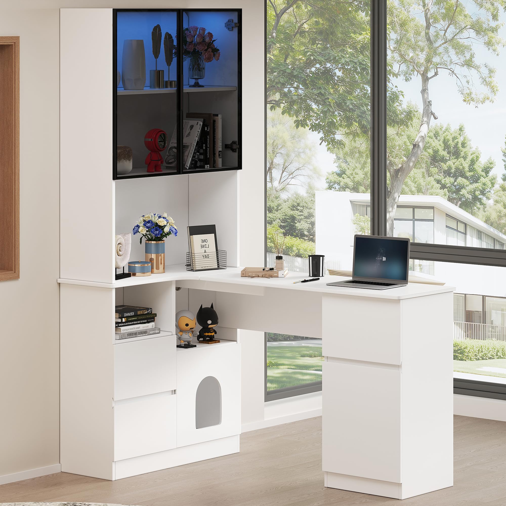 Scrivania angolare con ripiano e vetrina a LED, 120 x 80 x 180 cm, scrivania per computer con passacavi, 3 cassetti e 2 ante, libreria con scomparti aperti e scomparto per animali domestici, per casa
