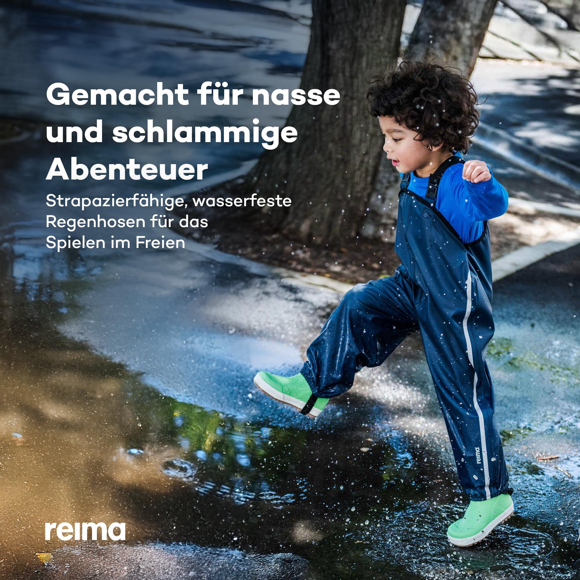 Reima - Lammikko Regenhose für Kinder Wasserdicht - Strapazierfähige Matschhose Jungen und Mädchen mit verstellbaren Hosenträgern, elastischen Beinabschlüssen - Navy, 86